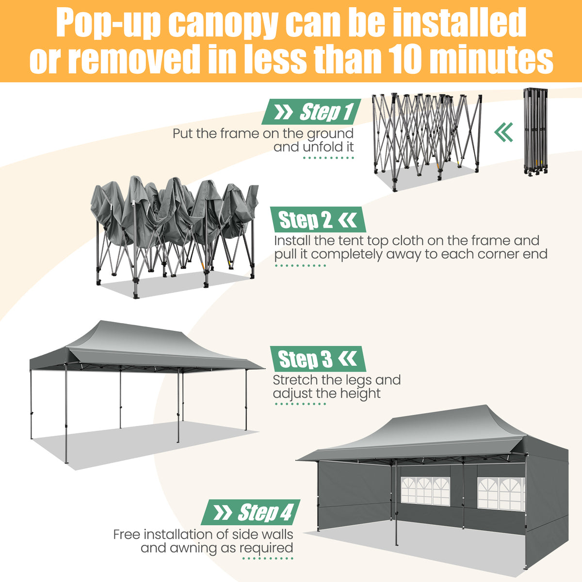 COBIZI 10x20 Heavy Duty Pop up Canopy Tent, Waterproof Outdoor Event Shelter with Extended Awning, UPF 50+, Instant Set up, Roller Bag, Gray