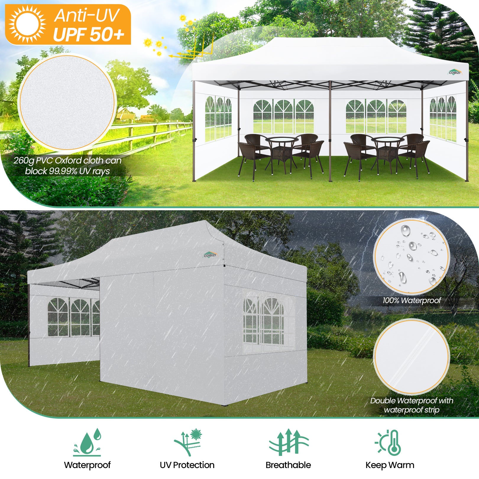 COBIZI 10x20 Pop up Heavy Duty Canopy with 6 Sidewalls,Waterproof Commercial Tent,Outdoor Gazebo for Wedding Party with Wheeled Bag