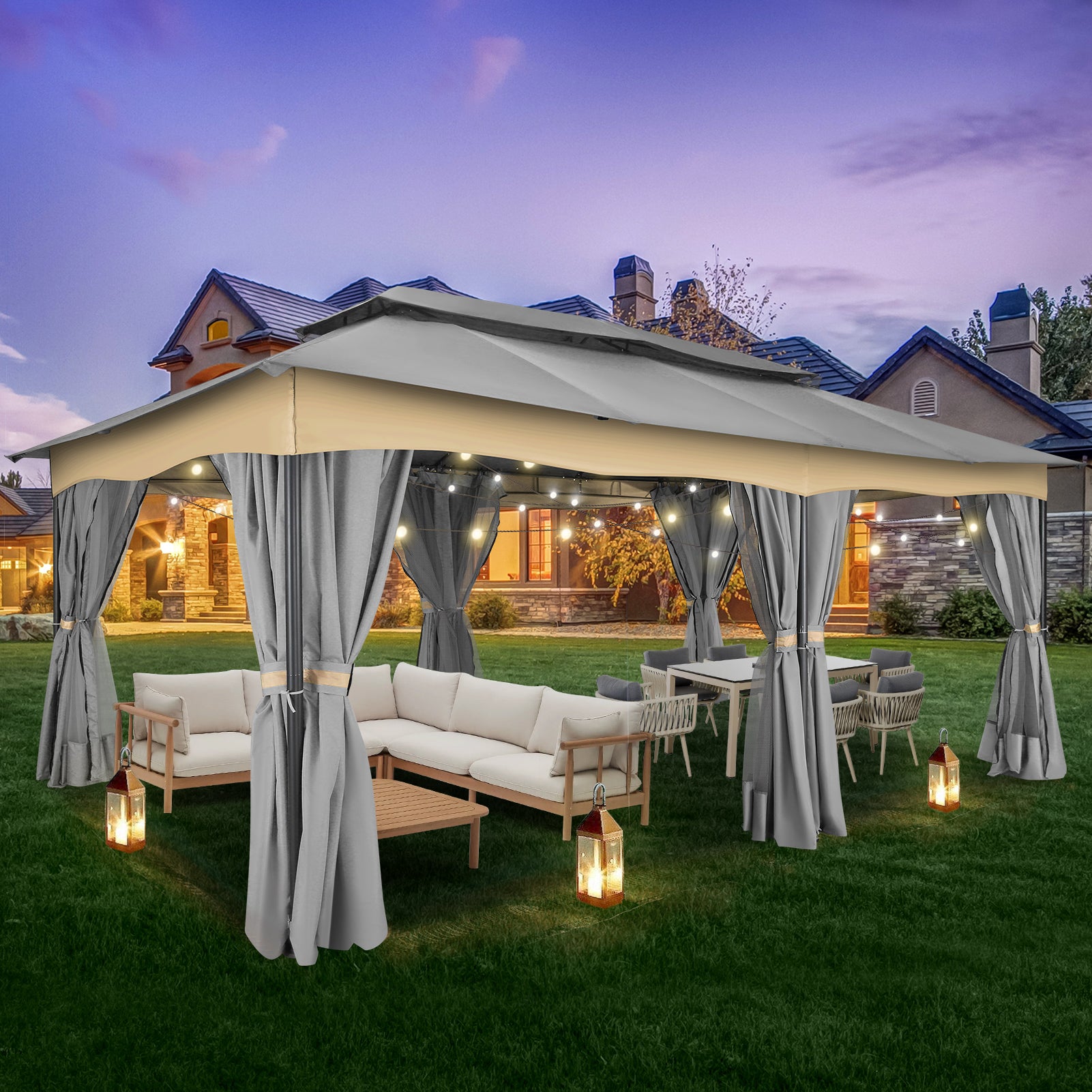 COBIZI 12'x20' Patios Gazebos with 4 Sidewalls & Double Soft Roof, Khaki SPC307
