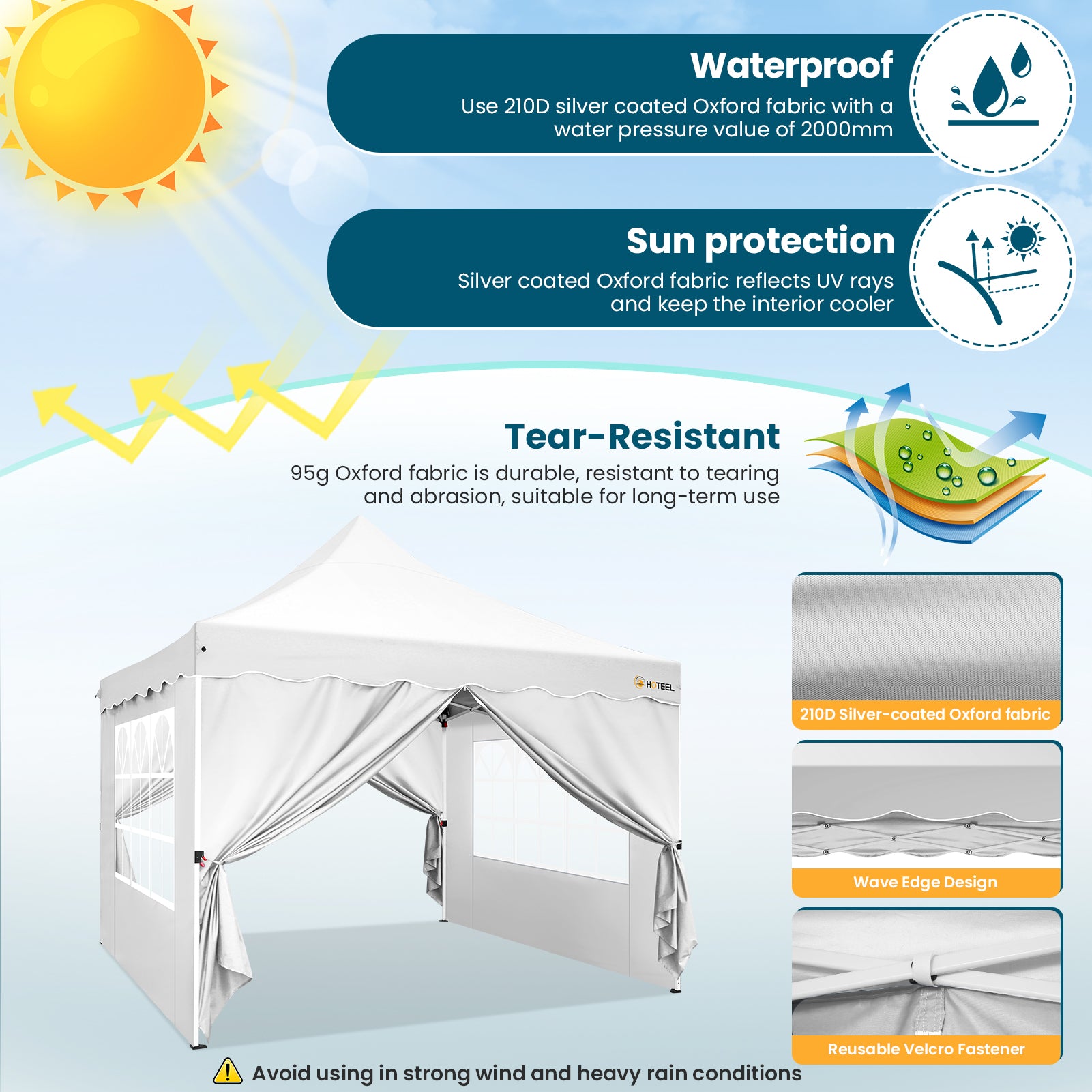 HOTEEL 10'x10' Pop Up Canopy , UPF 50+ Easy Setup Canopy Tent Waterproof Outdoor Instant Portable Shelter with 4 Removable Sidewalls, Sandbags, Stakes & Ropes for Party, Events, Vendor, White