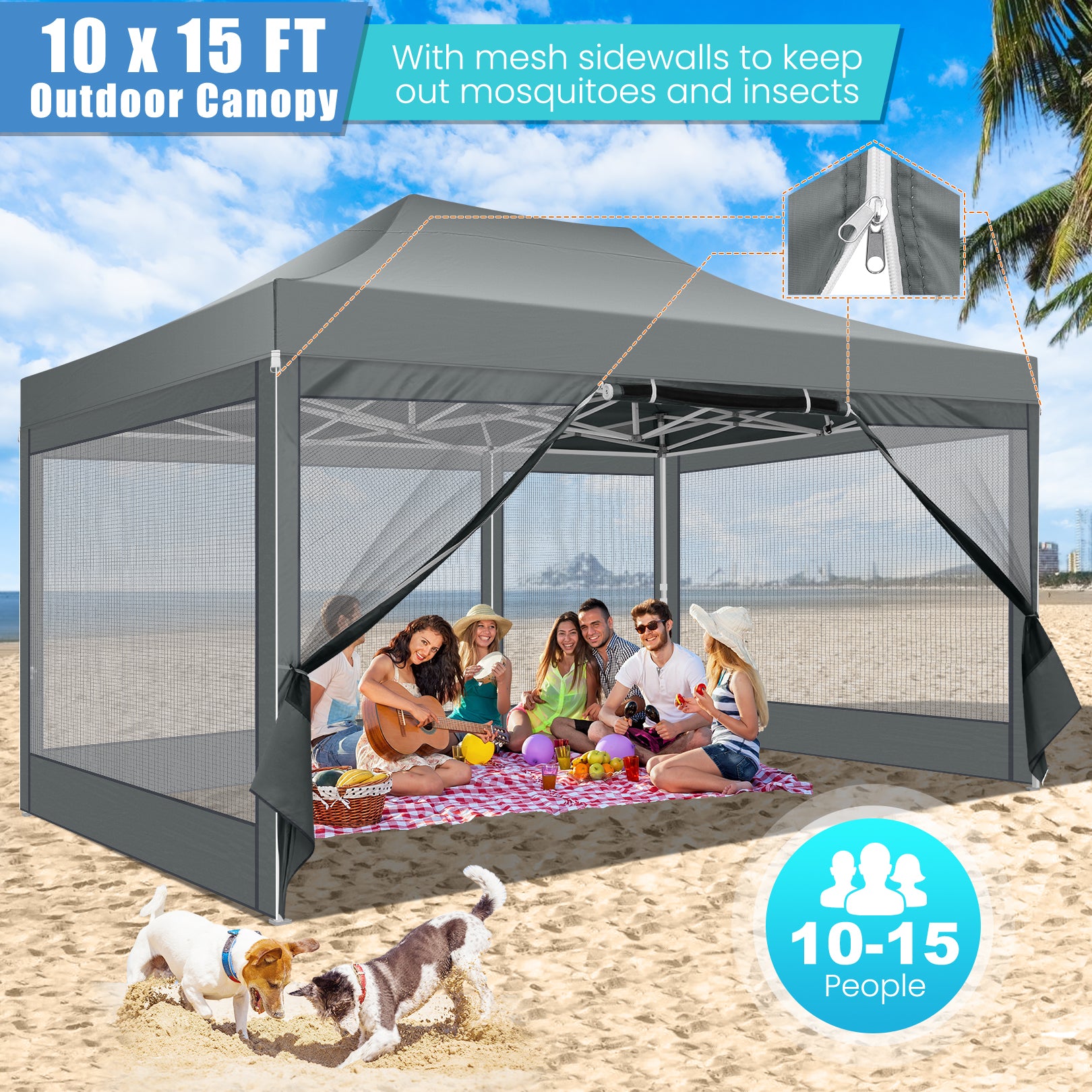 COBIZI 10'x15' Heavy Duty Pop Up Canopy Gazebo with Netting Screened, Gray SPC112