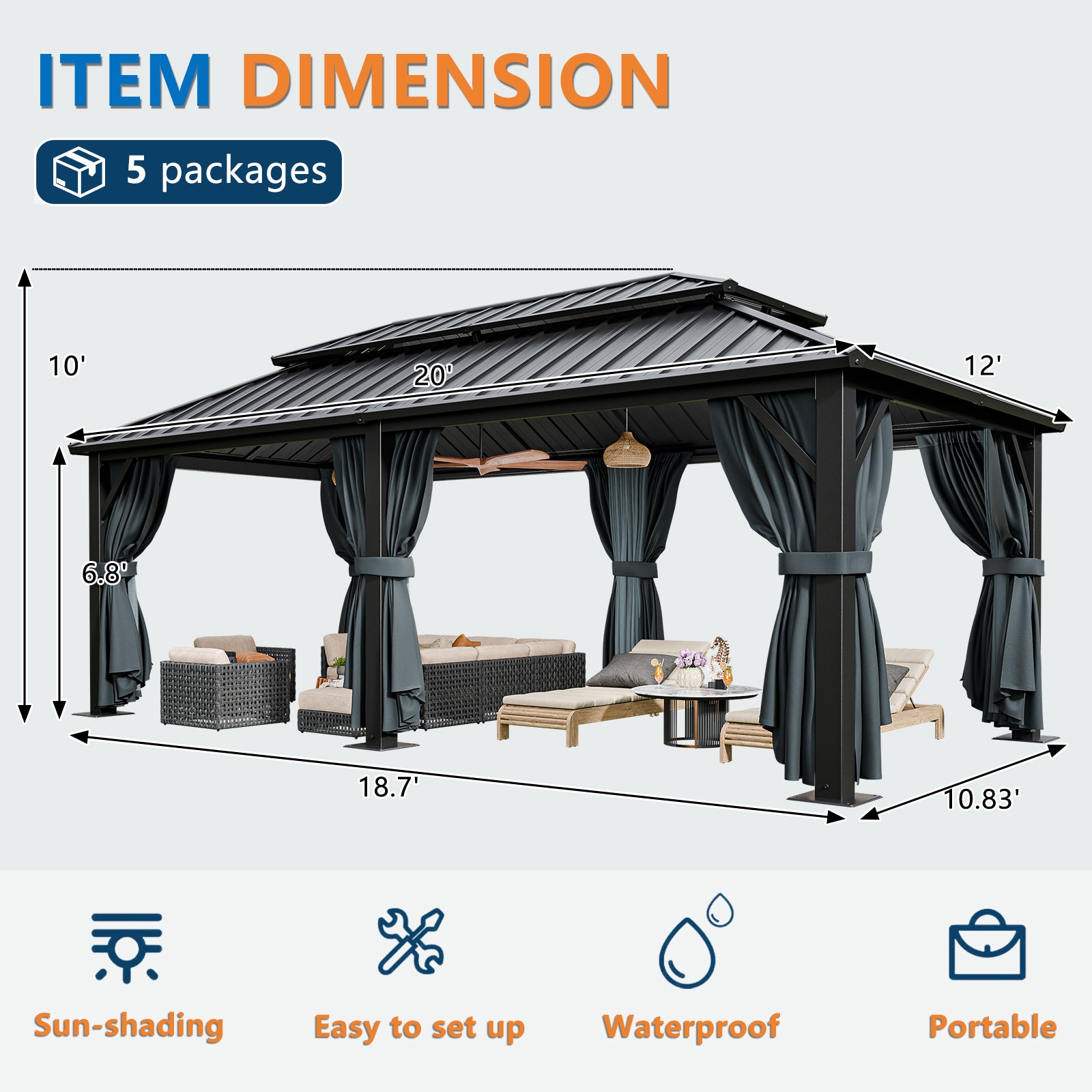 COBIZI 12'x20' Heavy Duty Hard Top Gazebo Pro with Curtains & Netting SPC243