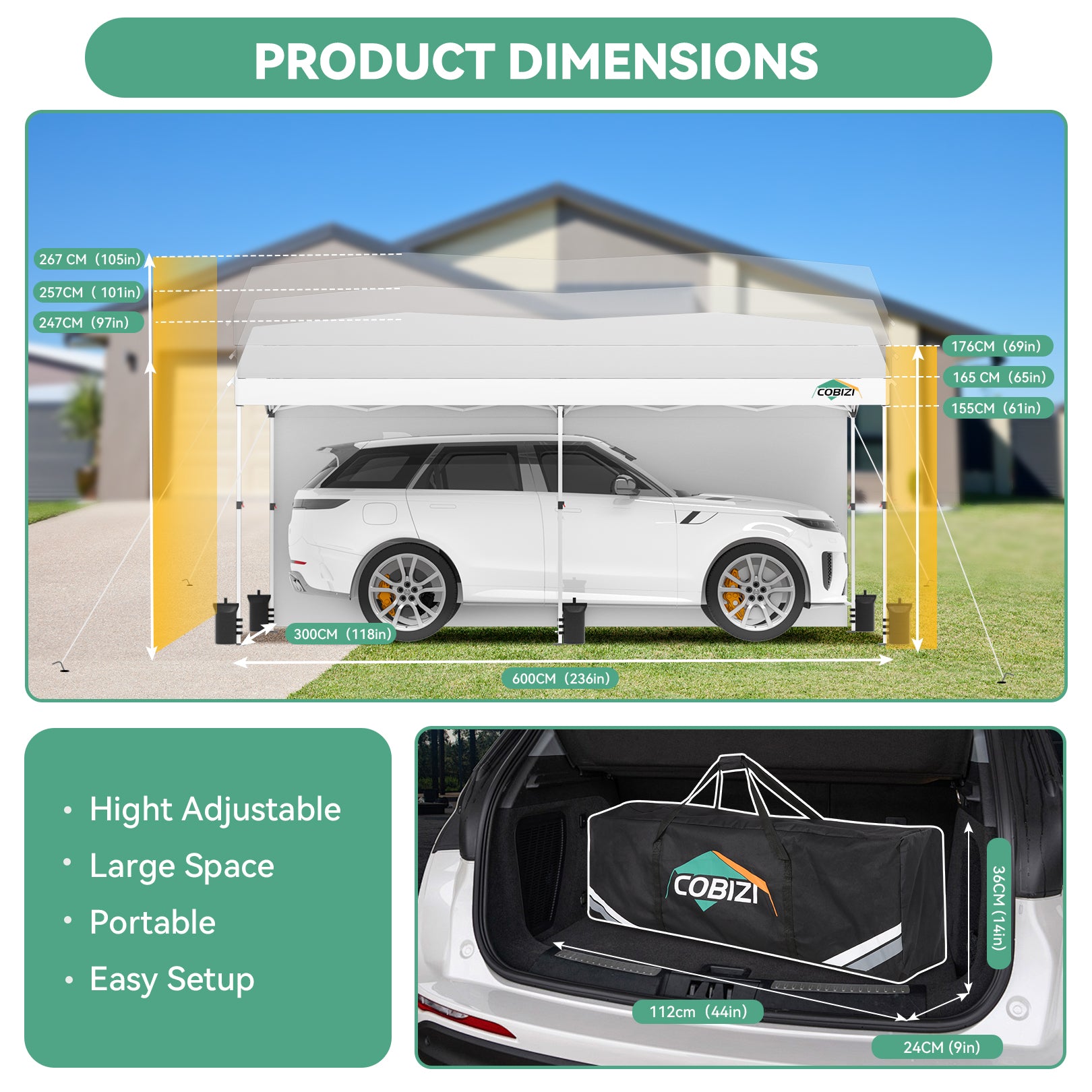 COBIZI 10x20 Pop Up Canopy-Easy Up Carport Canopy with One Push Setup-Outdoor Sun Shade&Waterppof Tent for Parties, Camping, Events-with 2 Sidewalls,Portable Bag,4 Weight Bags,4 Ropes&10 Stakes