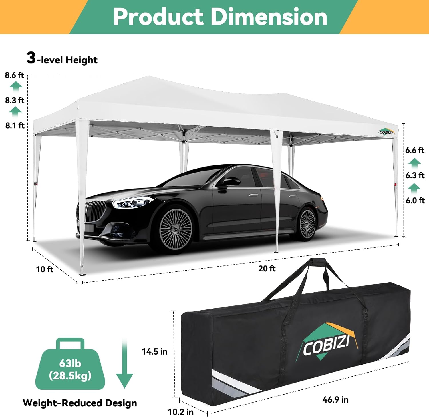 Cobizi Large 10'x20' Pop Up Canopy One-Push Setup with 6 Sidewalls SPC203