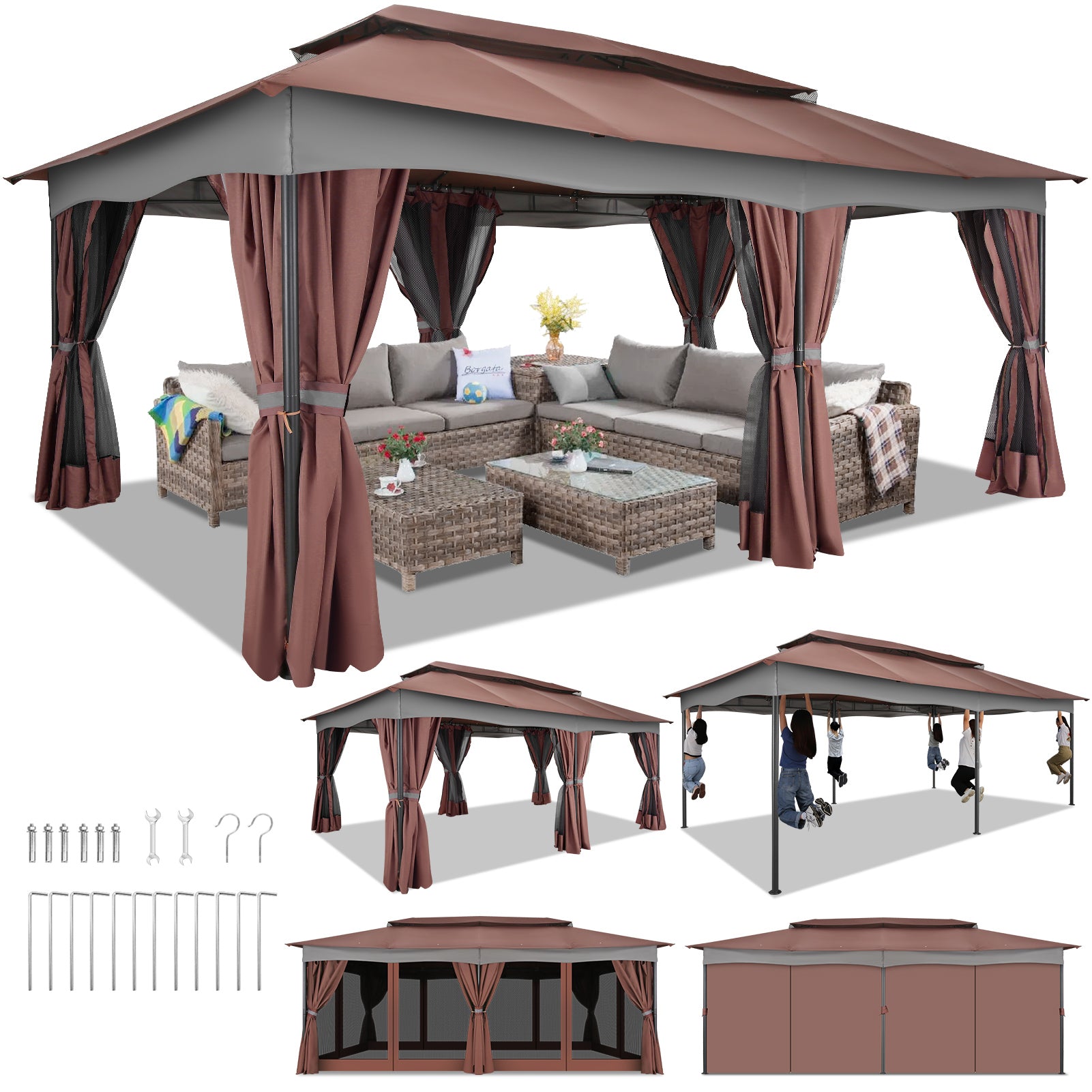 COBIZI 12'x20' Patios Gazebos with 4 Sidewalls & Double Soft Roof, Khaki SPC307