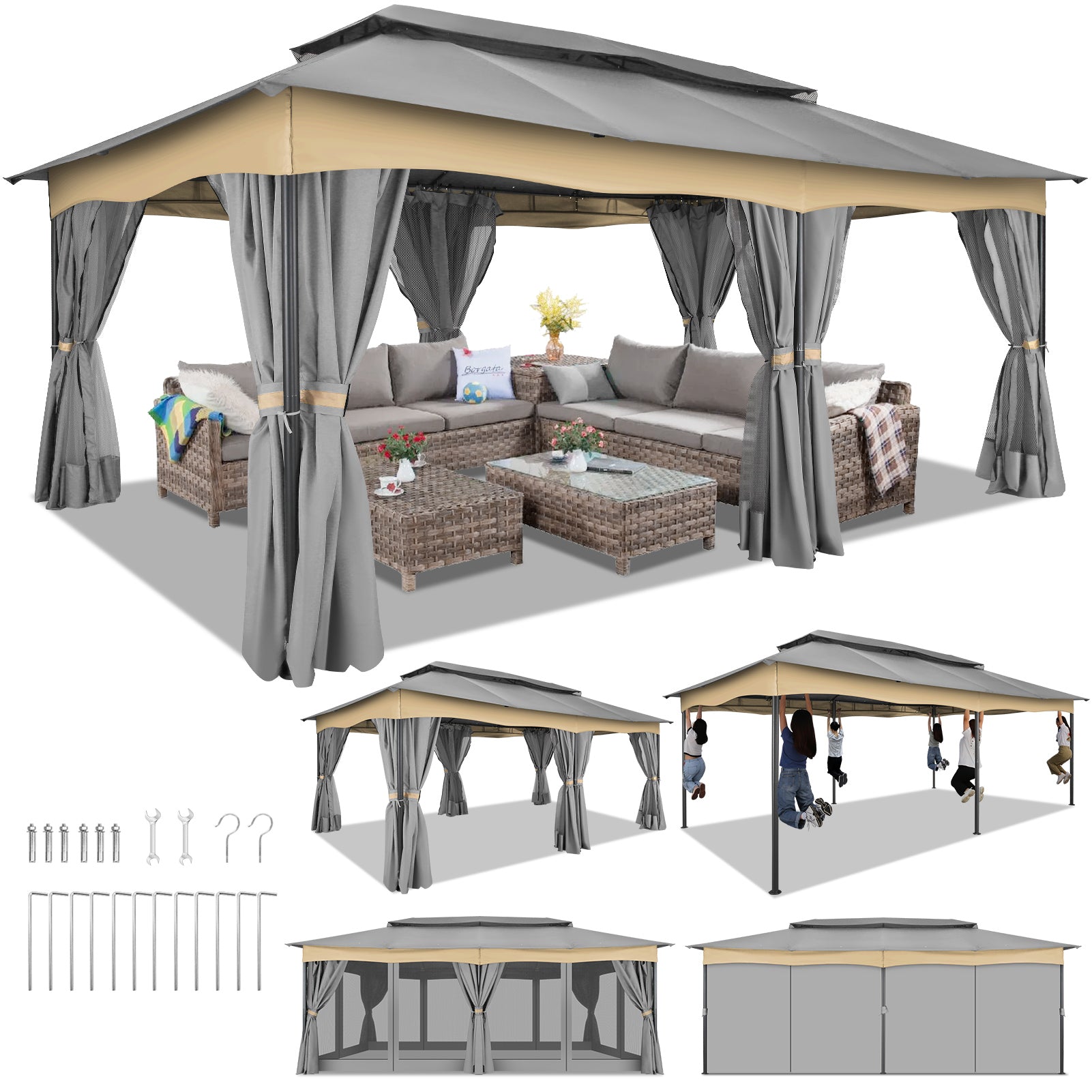 COBIZI 12'x20' Patios Gazebos with 4 Sidewalls & Double Soft Roof, Khaki SPC307