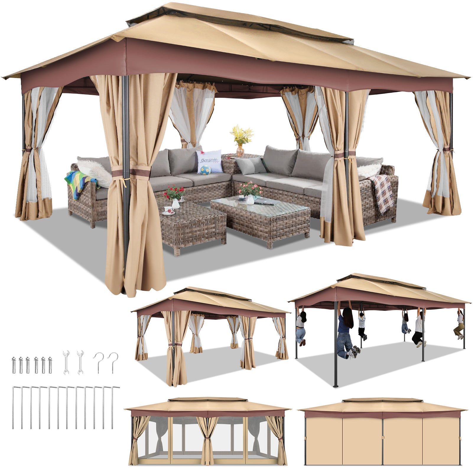 COBIZI 12'x20' Patios Gazebos with 4 Sidewalls & Double Soft Roof, Khaki SPC307