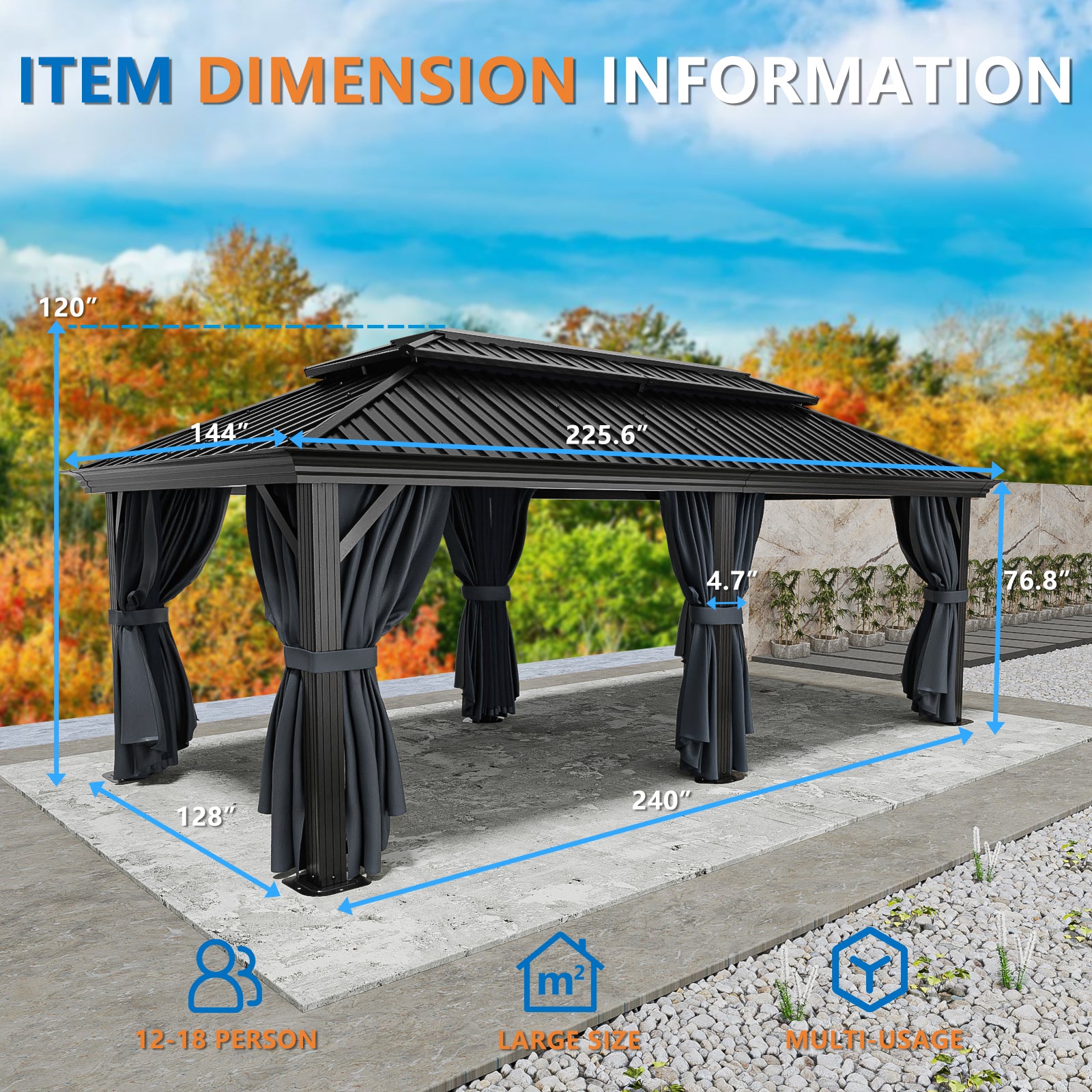 Hoteel 10'x12' Hardtop Gazebo, Outdoor Steel Double Galvanized Roof Canopy, Aluminum Frame Permanent Pavilion Metal Gazebo with Curtains and Nettings, Sunshade for Patios, Gardens, Lawns