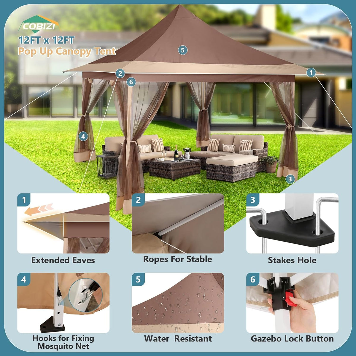 COBIZI 12'x12' Pop-up Gazebo Canopy, Durable Gazing Pavilion with Mosquito Netting SPC149