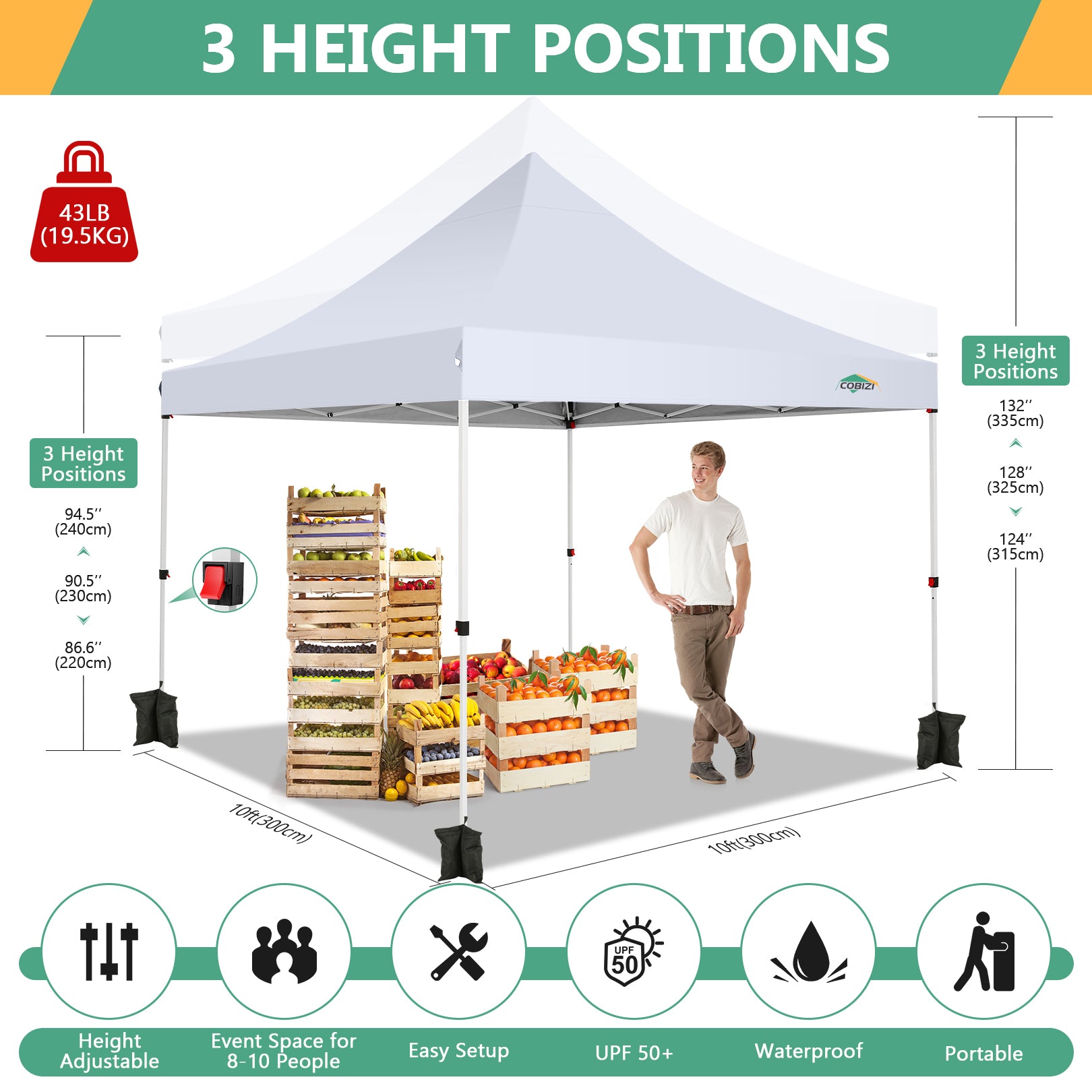 COBIZI Pop-Up-Überdachungs-Pavillon für den Außenbereich, 3,6 x 2,5 m, mit 4 Sandsäcken