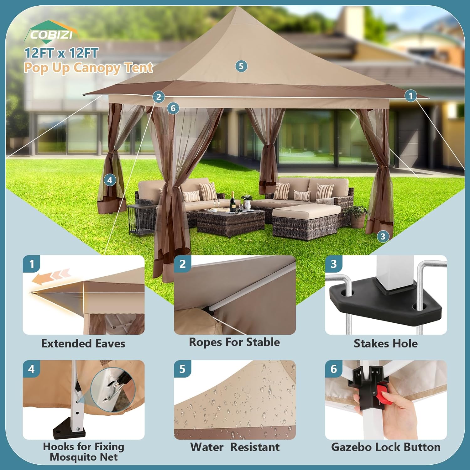 COBIZI 12'x12' Pop-up Gazebo, Durable Gazing Pavilion with Mosquito Netting SPC149