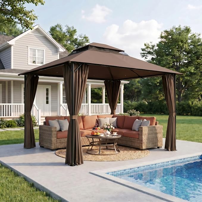 COBIZI 12'x20' Patios Gazebos with 4 Sidewalls & Double Soft Roof, Khaki SPC307
