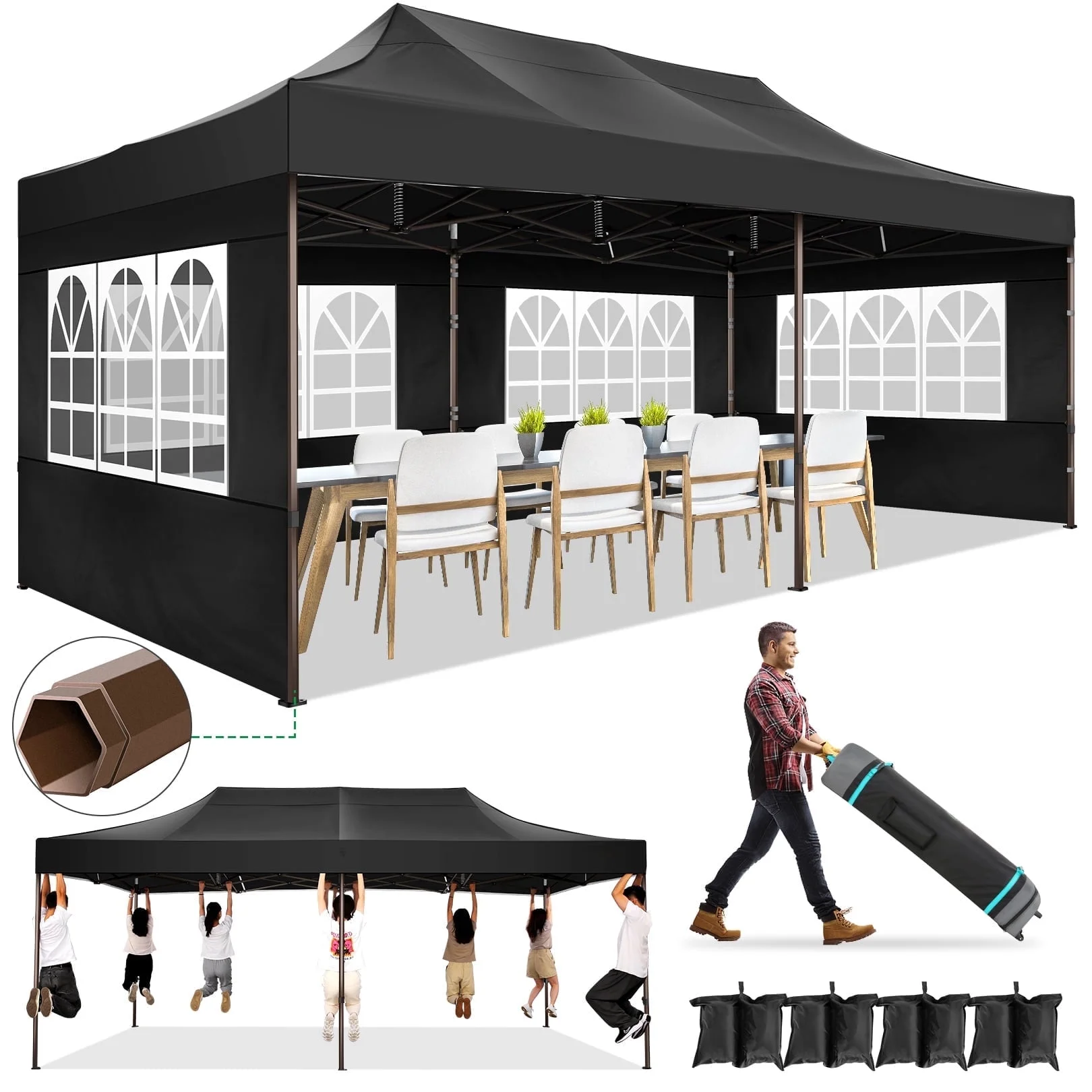 HOTEEL 13x26 Heavy Duty Pop Up Canopy,Instant Outdoor Gazebo with 6 Sidewalls, Commercial Grade Party Tent for Wedding Events, Hexagonal Frame,Black