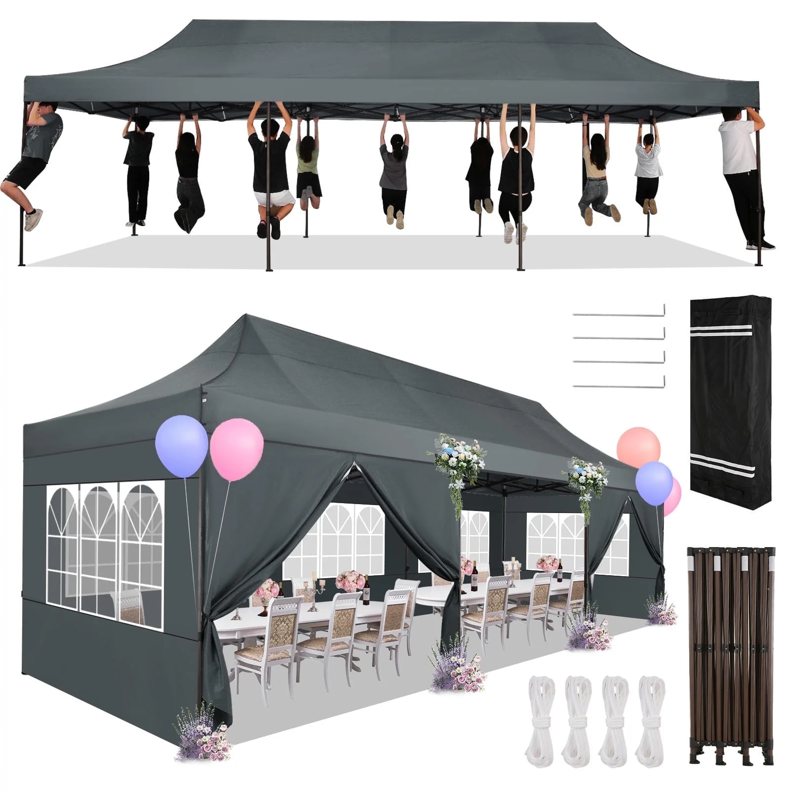 HOTEEL 13x26 Heavy Duty Pop Up Canopy,Instant Outdoor Gazebo with 6 Sidewalls, Commercial Grade Party Tent for Wedding Events, Hexagonal Frame,Black