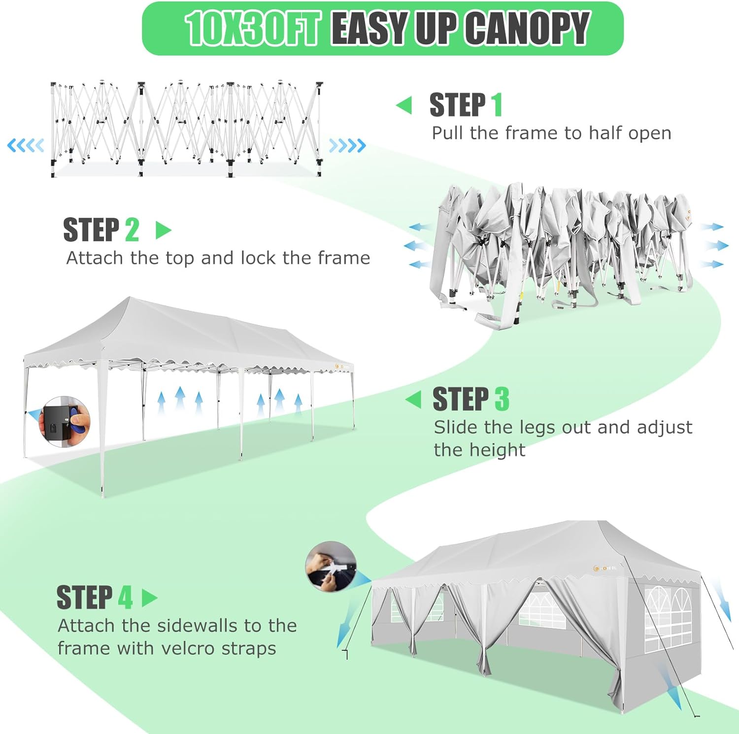 HOTEEL 10'x30' Pop Up Canopy Tent with 8 Sidewalls, Heavy Duty Wedding Event Tents, Party Gazebo with Roller Bag,UPF 50+ Windproof Waterproof,White