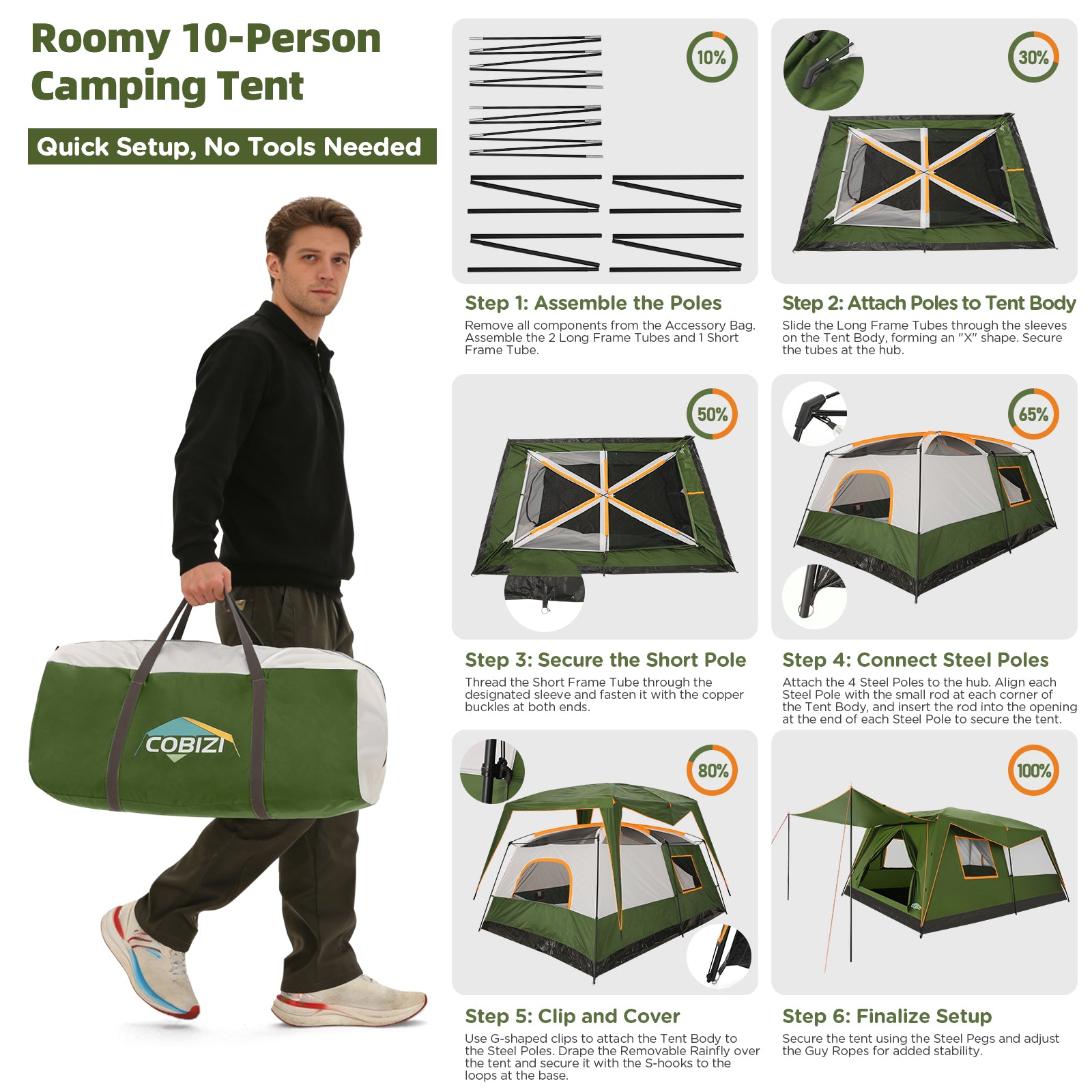 COBIZI 10 Person Large 2 Room Camping Tent With Removable Awning , 3 Minutes Instant Setup SPC269