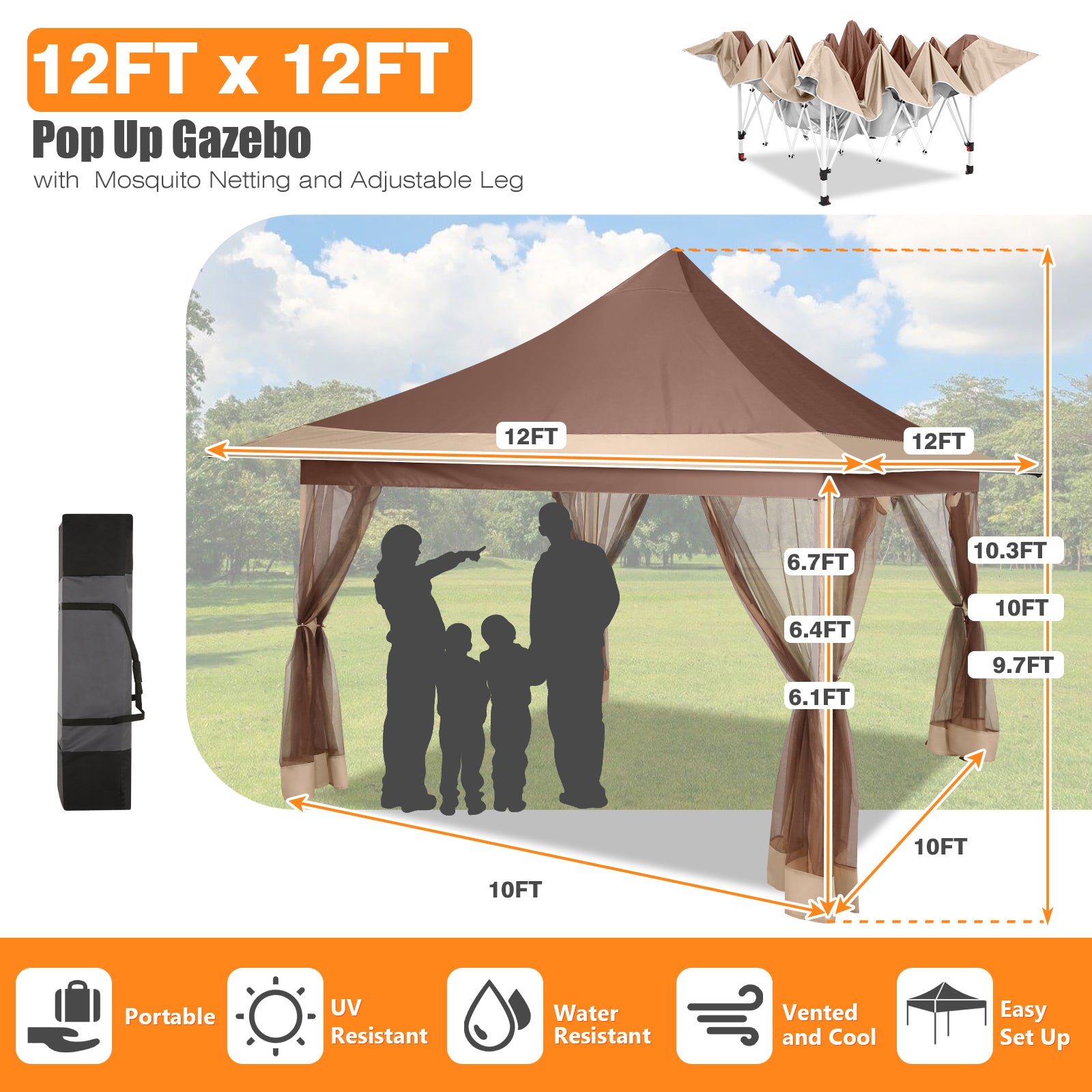 COBIZI 12'x12' Pop-up Gazing Pavilion with Tent and Backpack Offer, Outdoor Canopy Tent with Portable Backpack, Patio Gazing Pavilion SPC000149