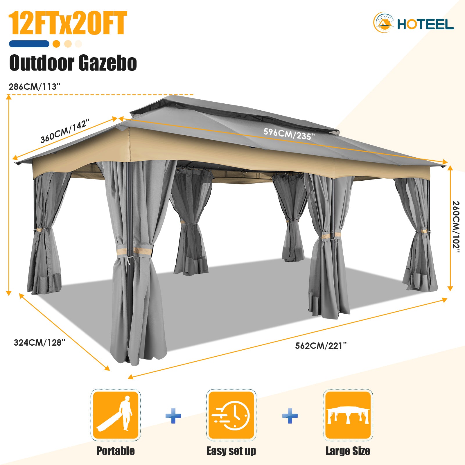 COBIZI 12'x20' Patios Gazebos with 4 Sidewalls & Double Soft Roof, Khaki SPC307