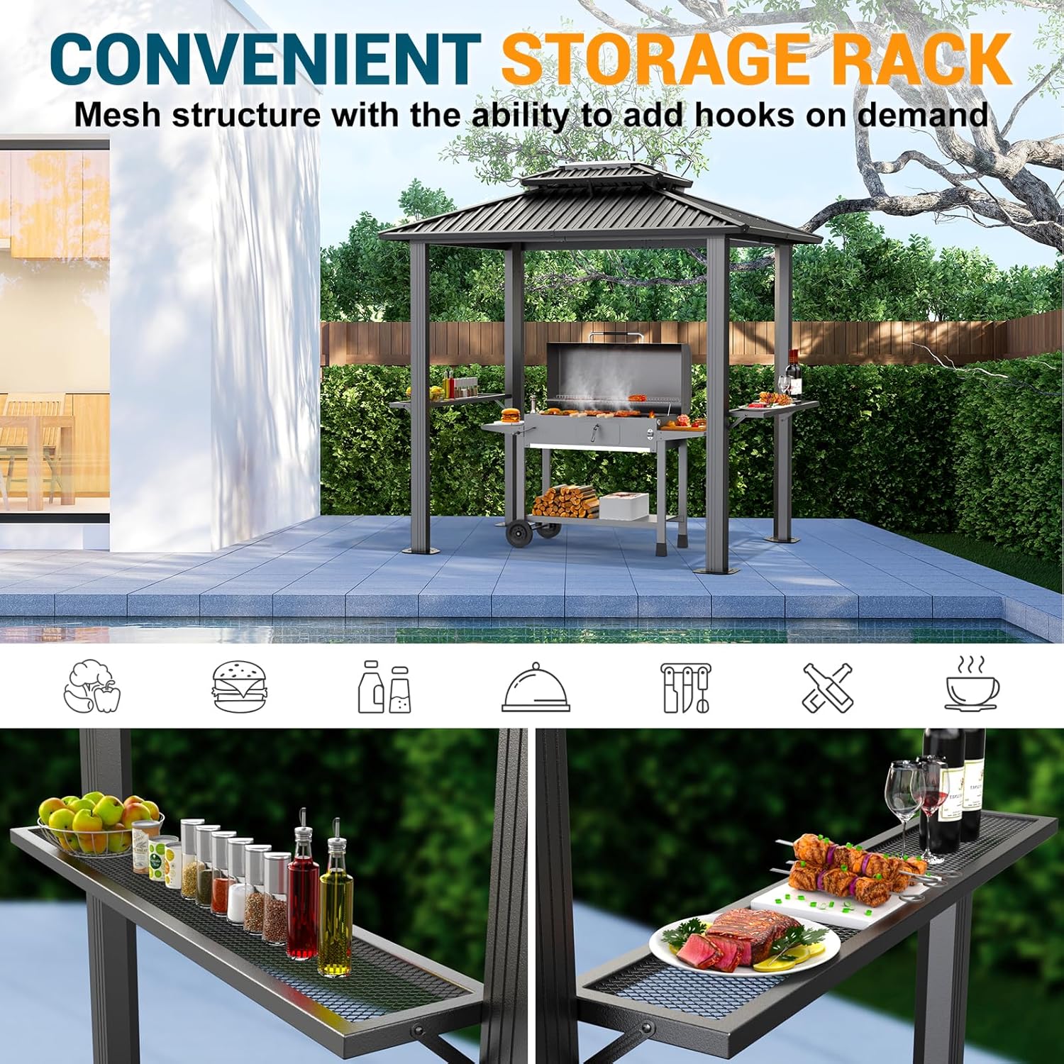 6' x 8' hardtop grill gazebo with vented double roof, galvanized steel sun and rain shelter, rust-resistant aluminum barbecue gazebo for outdoor cooking, patio, backyard