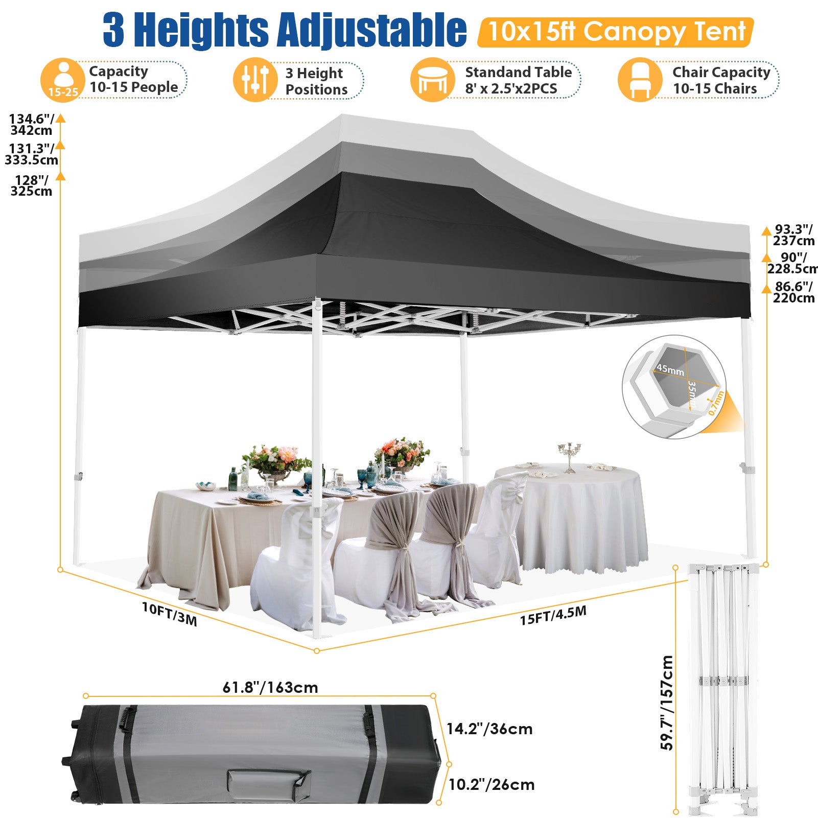 HOTEEL 10x15 Pop Up Canopy Tent Heavy Duty with 4 Sidewalls,Tents for Parties Outdoor Canopy Event Tent Wedding with Roller Bag,UV 50+ & Upgraded No Water Accumulation,Thick Hexagonal Legs