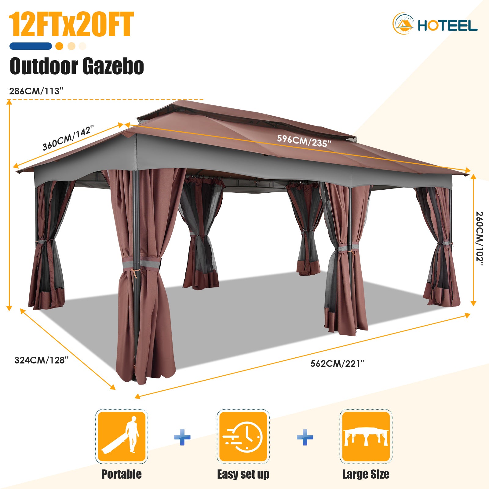 Hoteel 12'x20' Heavy Duty Canopy Gazebo, Home Outdoor Waterproof Large Party Tent & Shelter with Double Roofs, Mosquito Nettings and Privacy Screens for Backyard, Garden, Lawn, Smoke, Brown