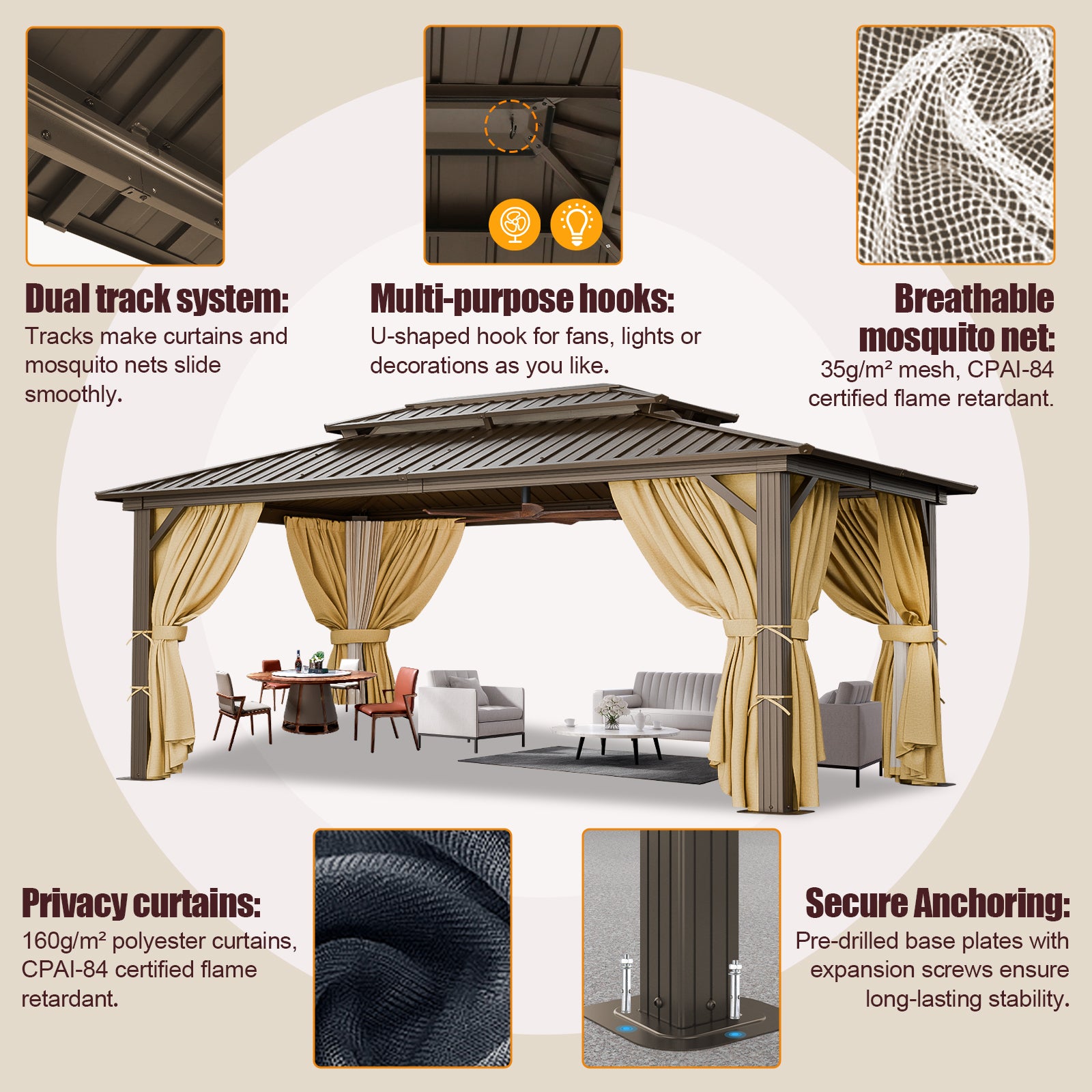COBIZI 10'x15' Heavy Duty Hard Top Gazebo with Curtains & Netting, Brown SPC274