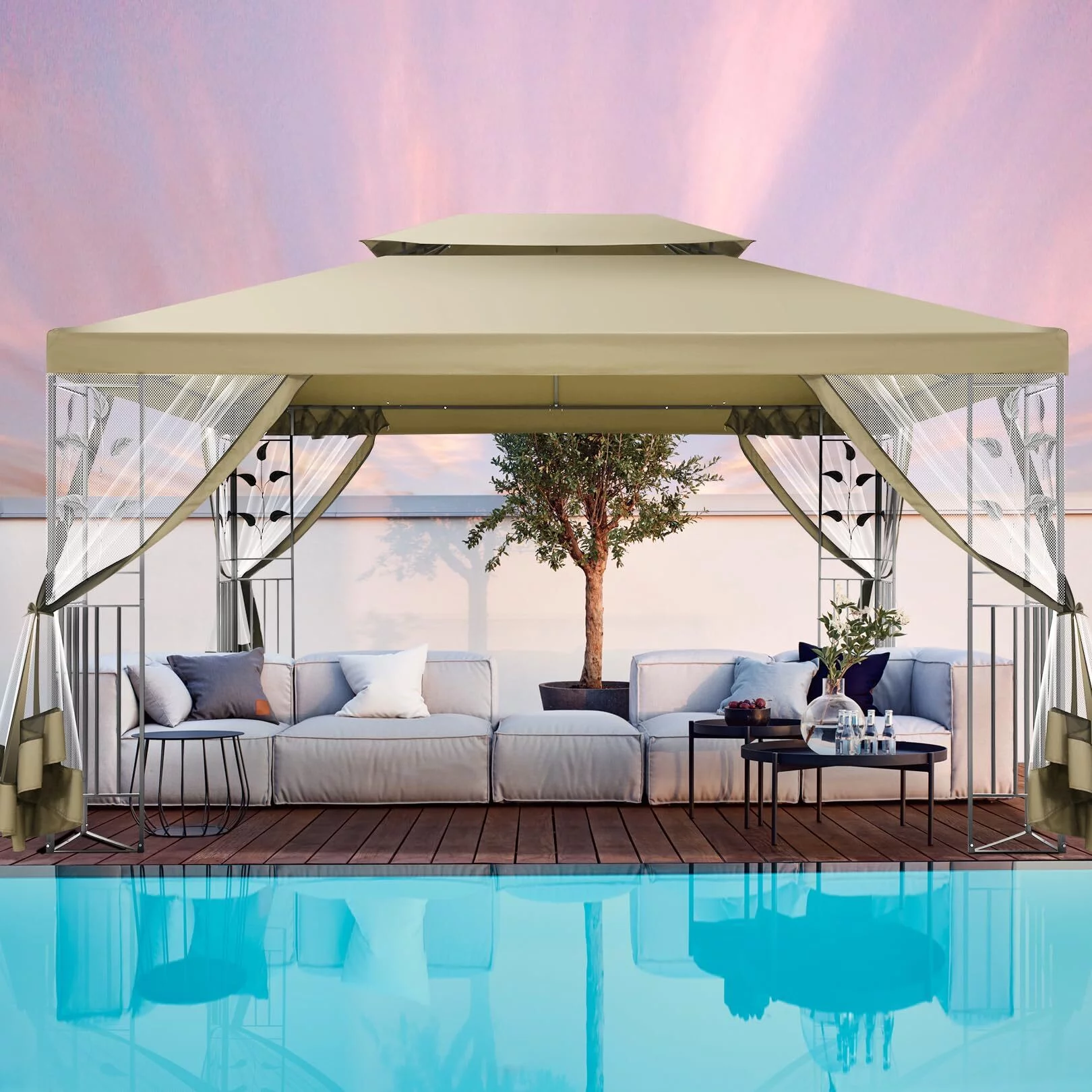 COBIZI 10x13 Outdoor Gazebo, Garden Tent for Patio Canopy with Leaf Screen Steel Frame and Mosquito Netting, Double Roof Canopy Tent for Deck, Backyard, Garden and Lawns, Khaki