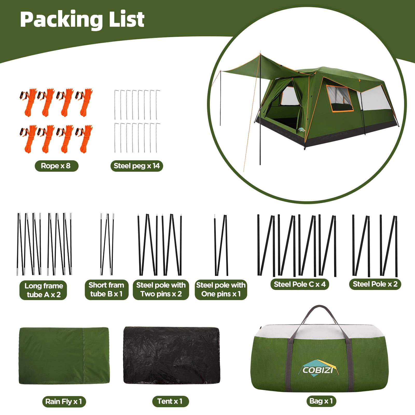 COBIZI 10 Person Large 2 Room Camping Tent With Removable Awning , 3 Minutes Instant Setup SPC269