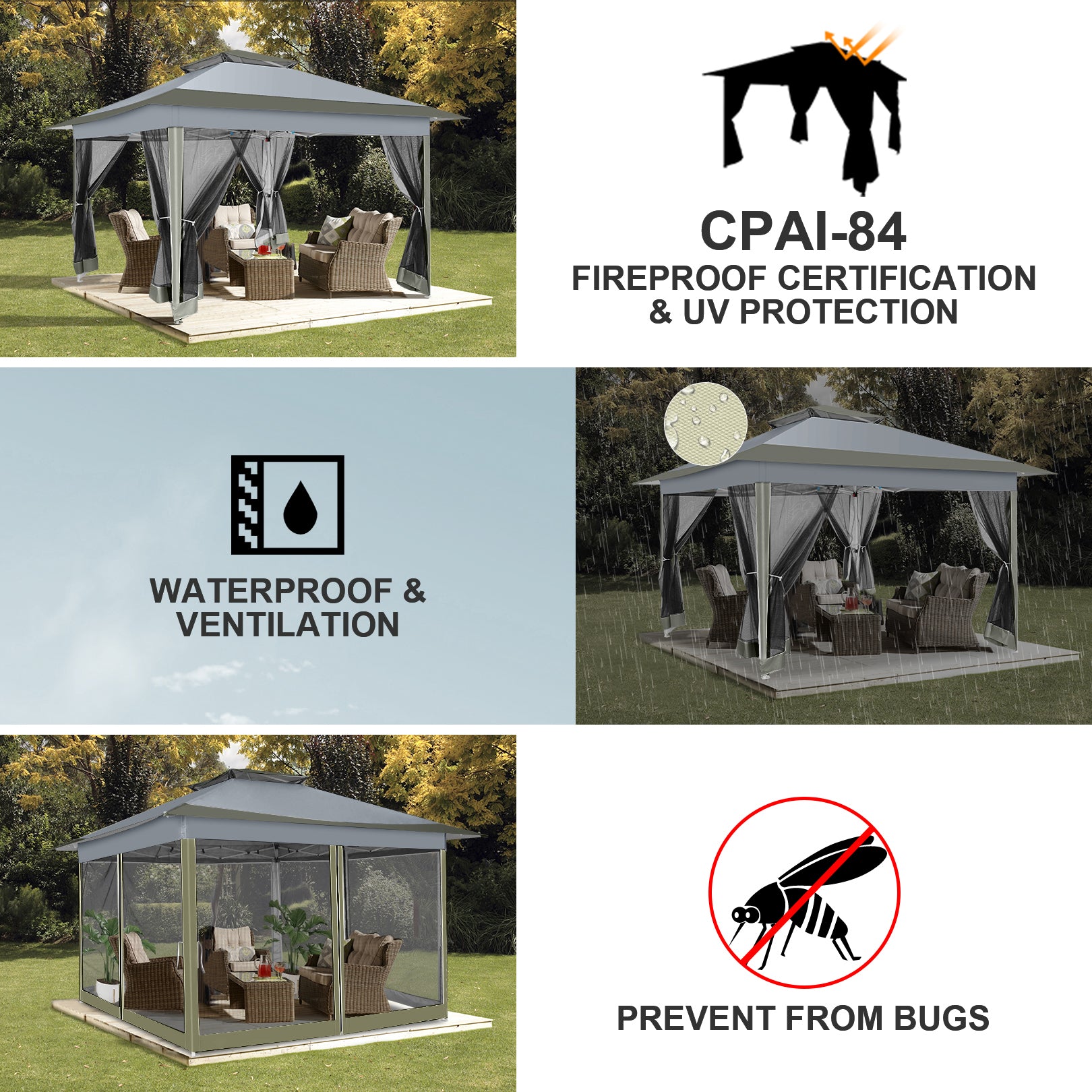 HOTEEL 12'x12' HOME Outdoor Pop-up Patio Gazebo with Expansion Bolts, Heavy Duty Party Tent & Shelter with Double Roofs, Mosquito Nettings and Privacy Screens for Backyard, Garden, Lawn, Gray