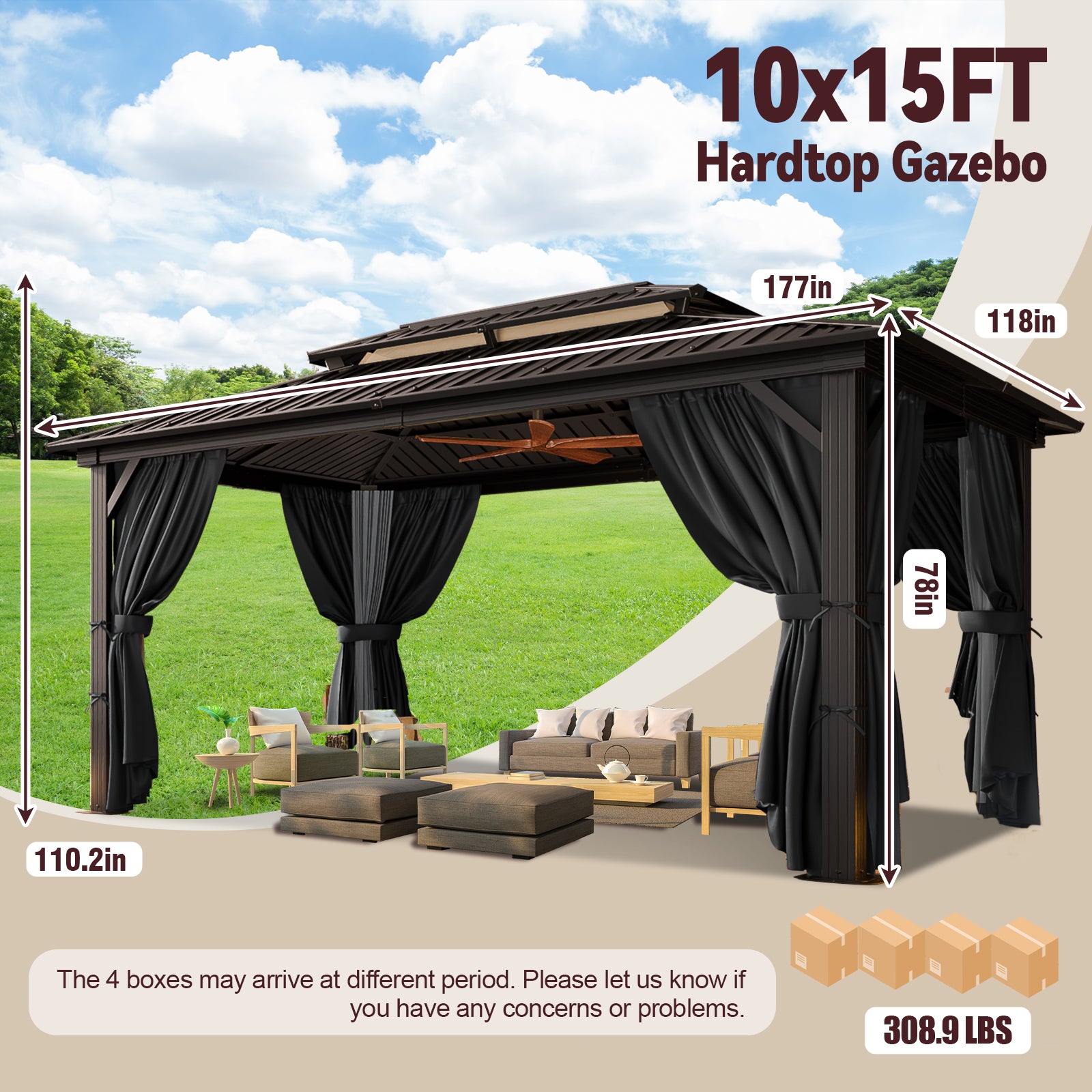 COBIZI 10'x15' Heavy Duty Hard Top Gazebo with Curtains & Netting, Black SPC274