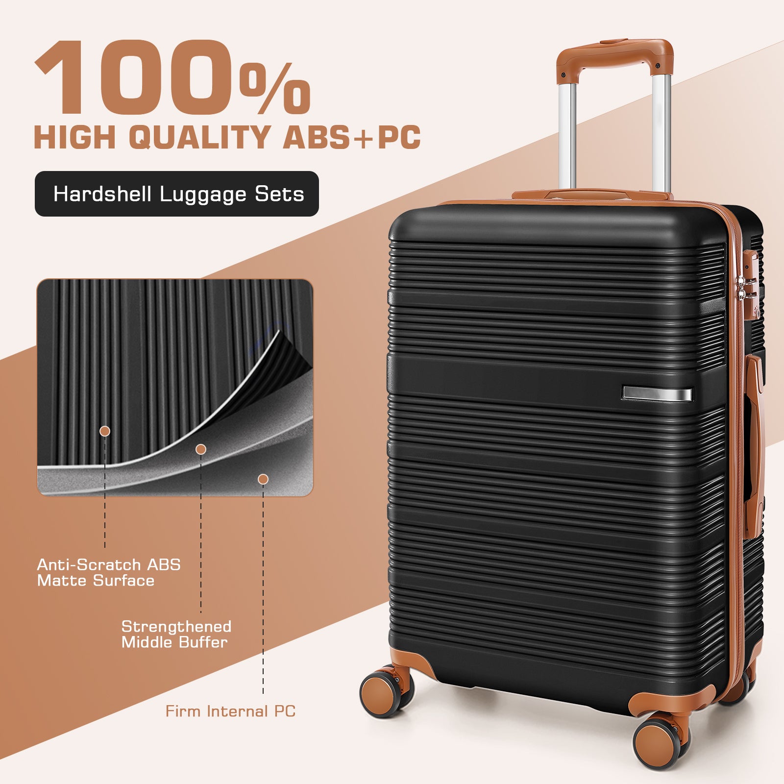 HOTEEL Luggage 3 Piece Set, Suitcase Set with Spinner Wheels & TSA Lock Hardside Lightweight Luggage Set 20in+24in+28in, Black