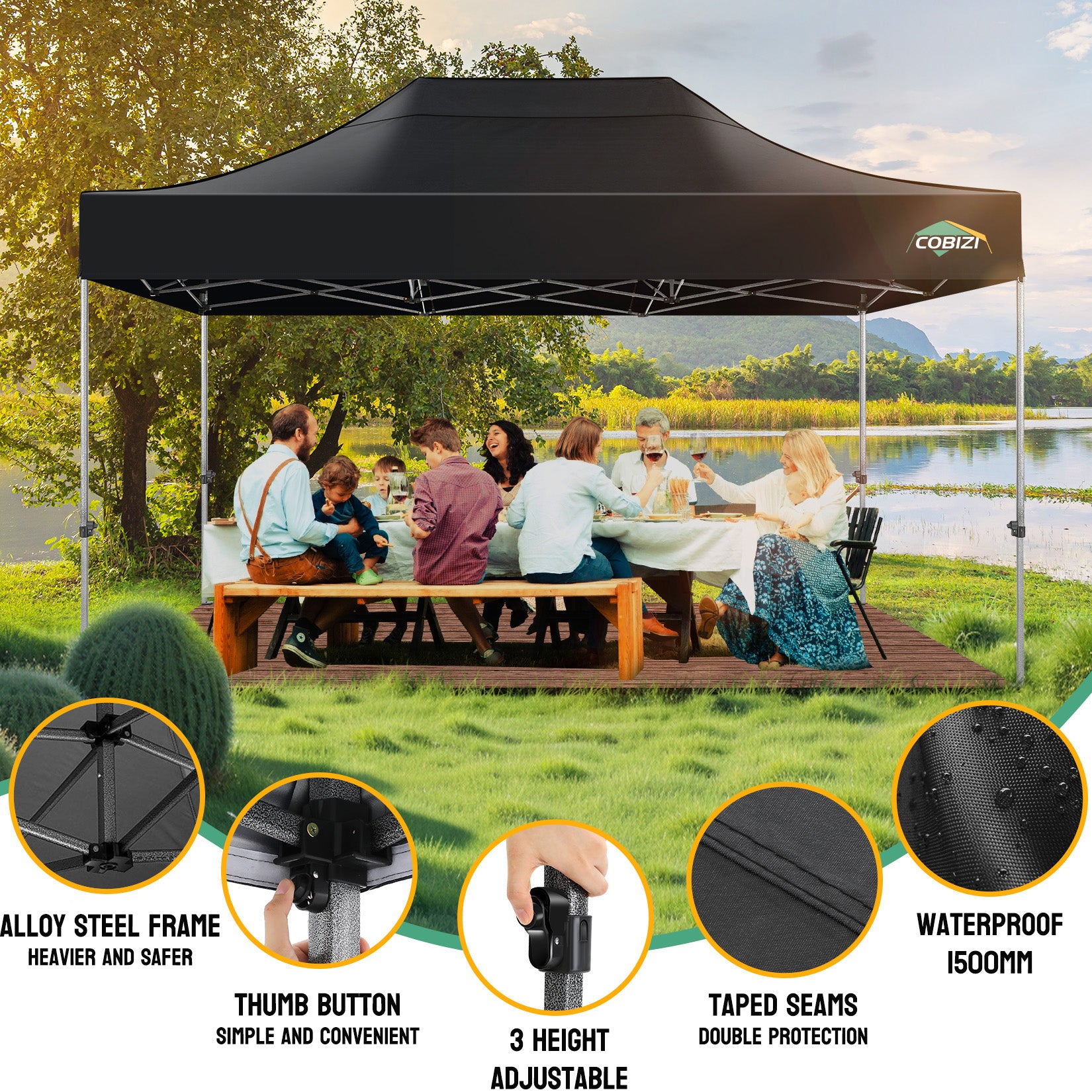 COBIZI 10'x15' Heavy Duty Pop Up Canopy with 4 Sidewalls & 3 Adjustable Heights AMA5913