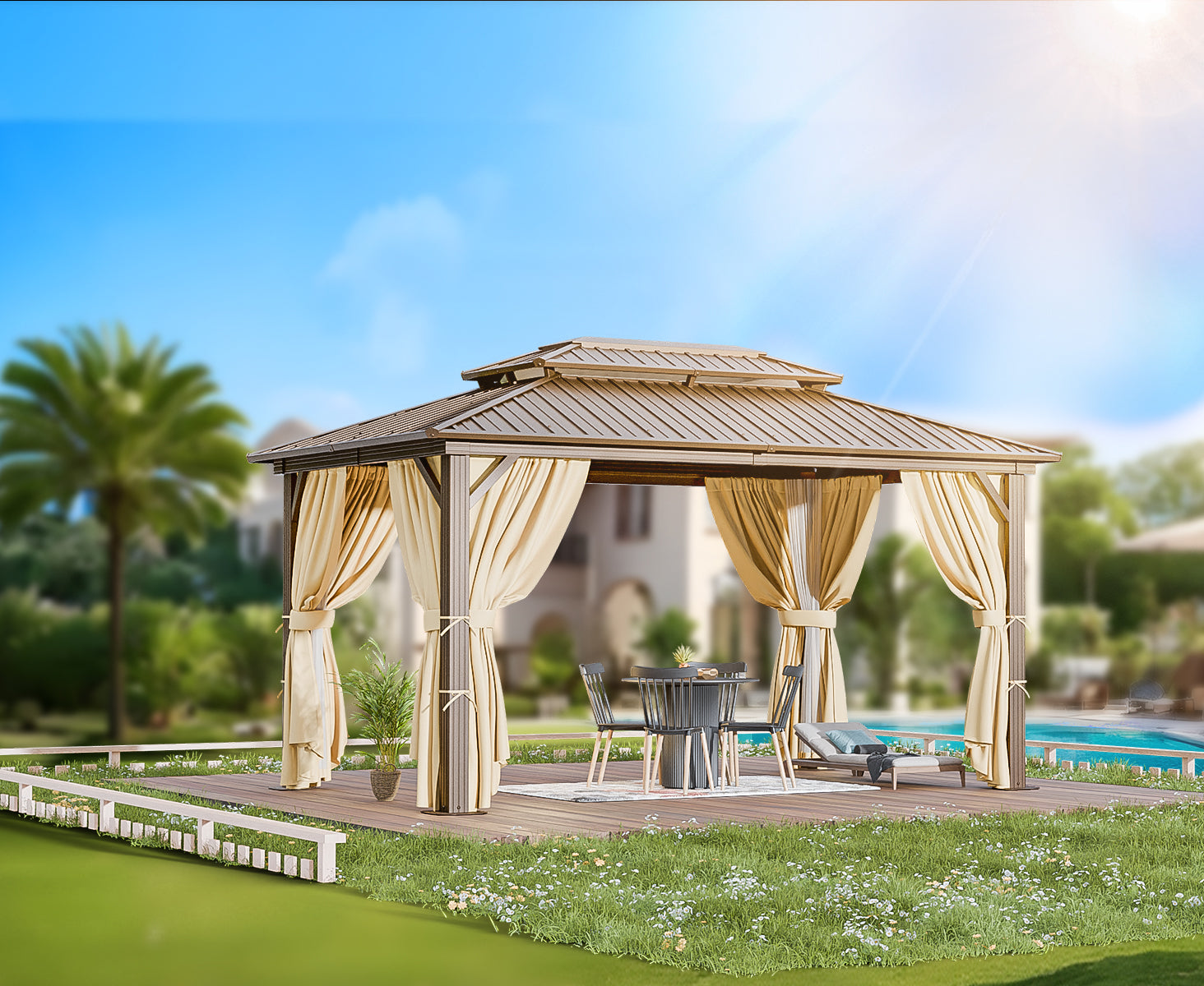 Hoteel 10x12 Hardtop Gazebo, Outdoor Steel Double Polycarbonate Roof Canopy, Aluminum Frame Permanent Pavilion with Curtains and Netting, Metal Frame Pergolas, Sunshade for Garden, Patio, Lawn, Brown