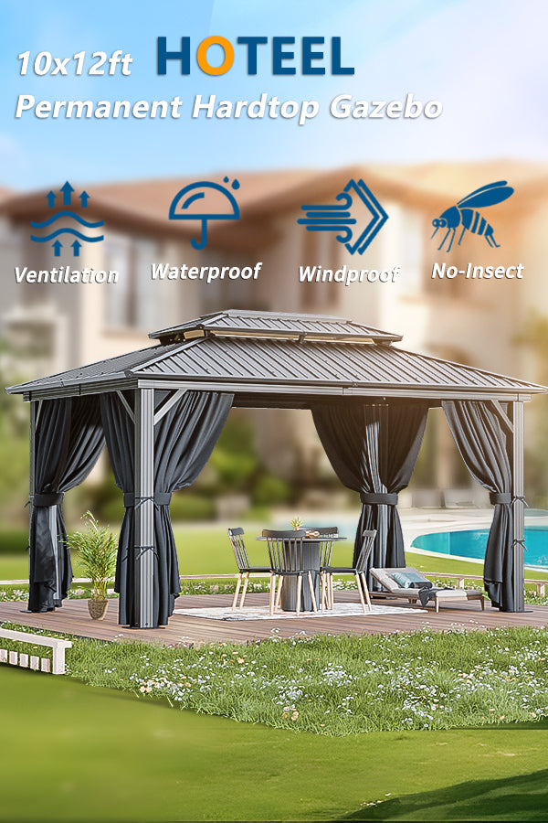 Hoteel 10x12 Hardtop Gazebo, Outdoor Steel Double Polycarbonate Roof Canopy, Aluminum Frame Permanent Pavilion with Curtains and Netting, Metal Frame Pergolas, Sunshade for Garden, Patio, Lawn, Brown