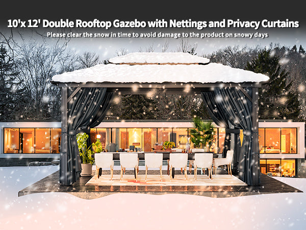 Hoteel 10x12 Hardtop Gazebo, Outdoor Steel Double Polycarbonate Roof Canopy, Aluminum Frame Permanent Pavilion with Curtains and Netting, Metal Frame Pergolas, Sunshade for Garden, Patio, Lawn, Brown
