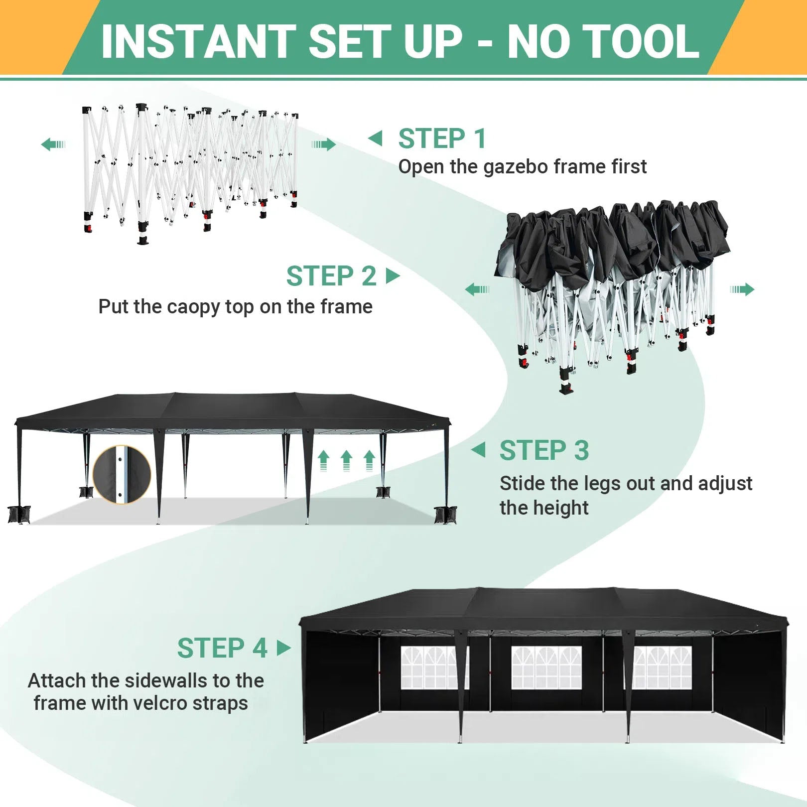 COBIZI 10'x30' Pop up Canopy with 6 Sidewalls & Carry Bag, Black SPC204