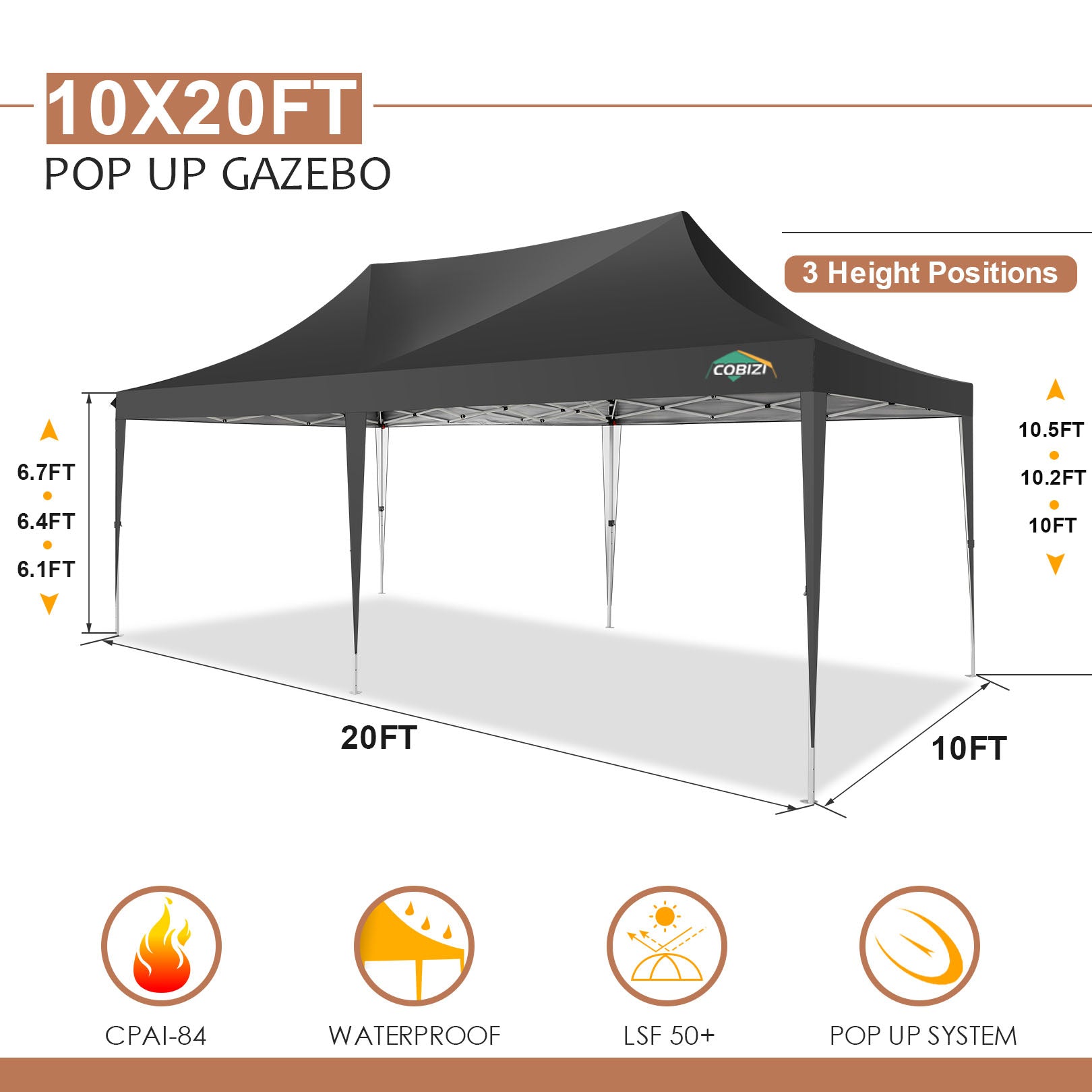 COBIZI 10'x20' Pop Up Canopy Tent with 6 Sidewalls & Carry Bag, 3 Adjustable Heights AMA5813