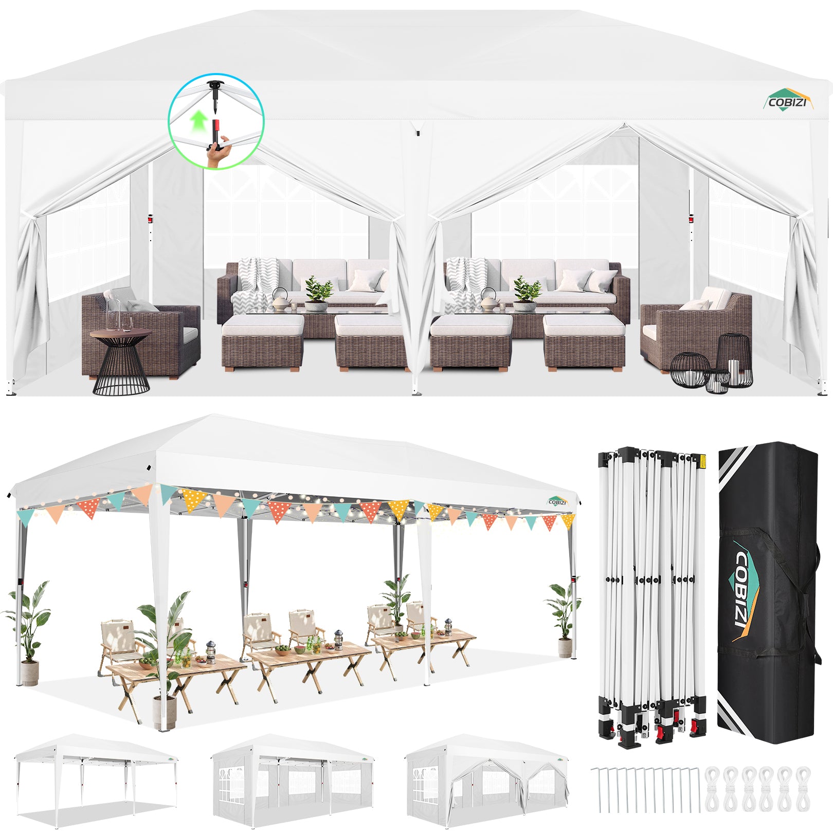 Cobizi Large 10'x20' Pop Up Canopy One-Push Setup with 6 Sidewalls SPC203