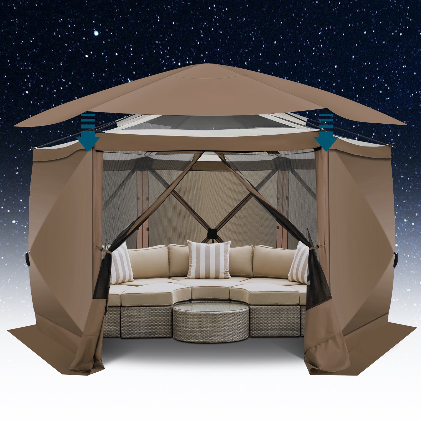 HOTEEL 12x12ft Camping Gazebo Screen Tent, 6 Sided Pop-up Canopy Shelter Tent with Mesh Windows, Portable Carry Bag, Stakes, Waterproof, UV 50+, Large Shade Tents for Outdoor Camping, Backyard, Beige
