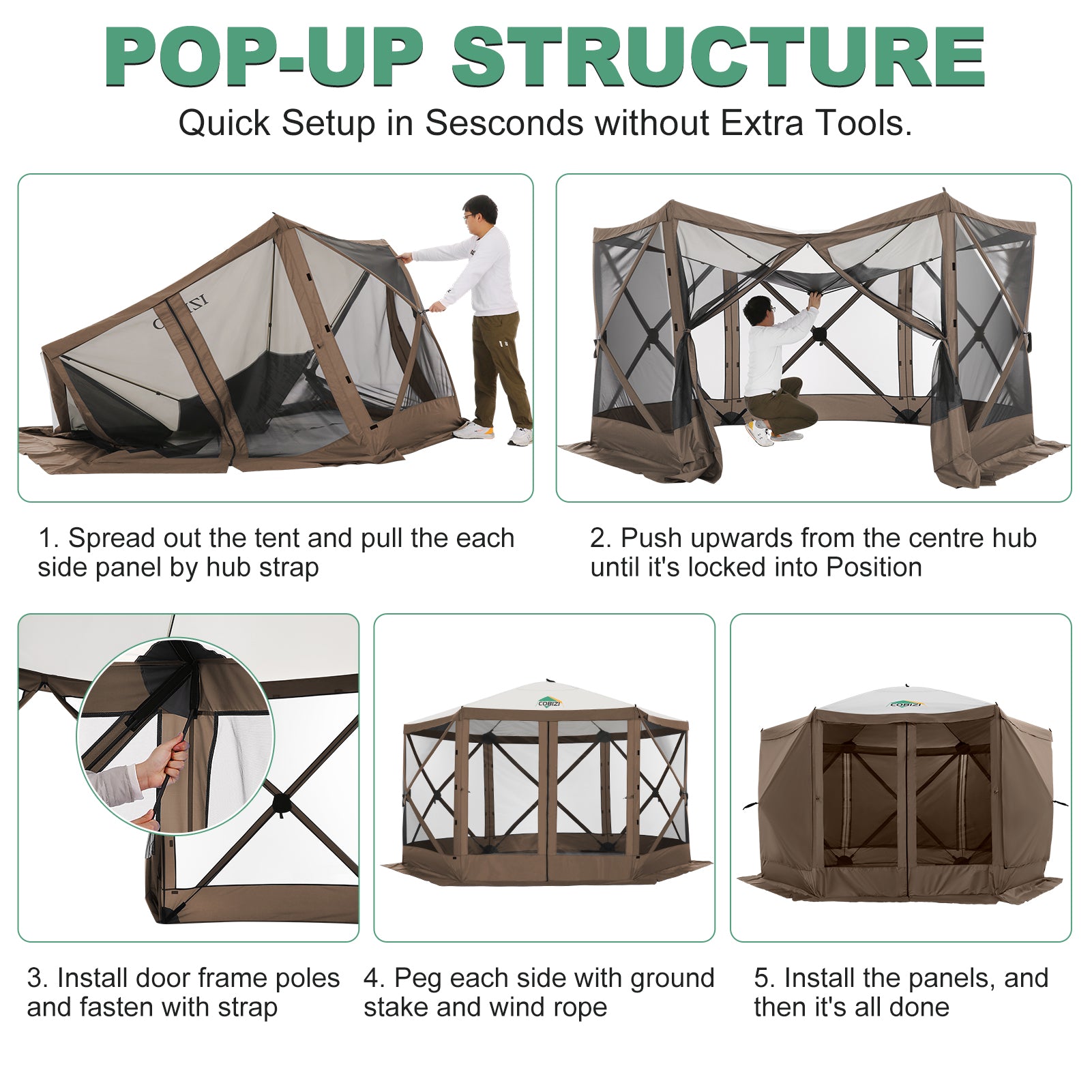 COBIZI 12'x12' Portable 6 Side Pop Up Canopy Screen House Tent, SPC000044L