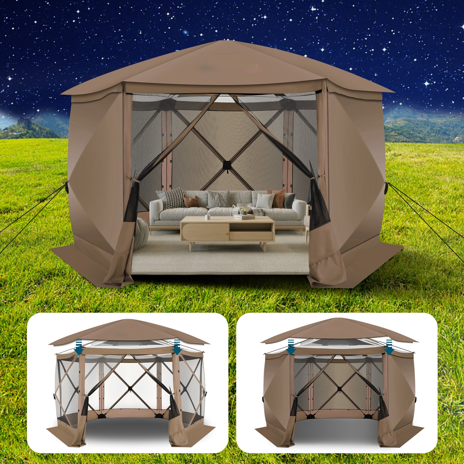 HOTEEL 12x12ft Camping Gazebo Screen Tent, 6 Sided Pop-up Canopy Shelter Tent with Mesh Windows, Portable Carry Bag, Stakes, Waterproof, UV 50+, Large Shade Tents for Outdoor Camping, Backyard, Beige