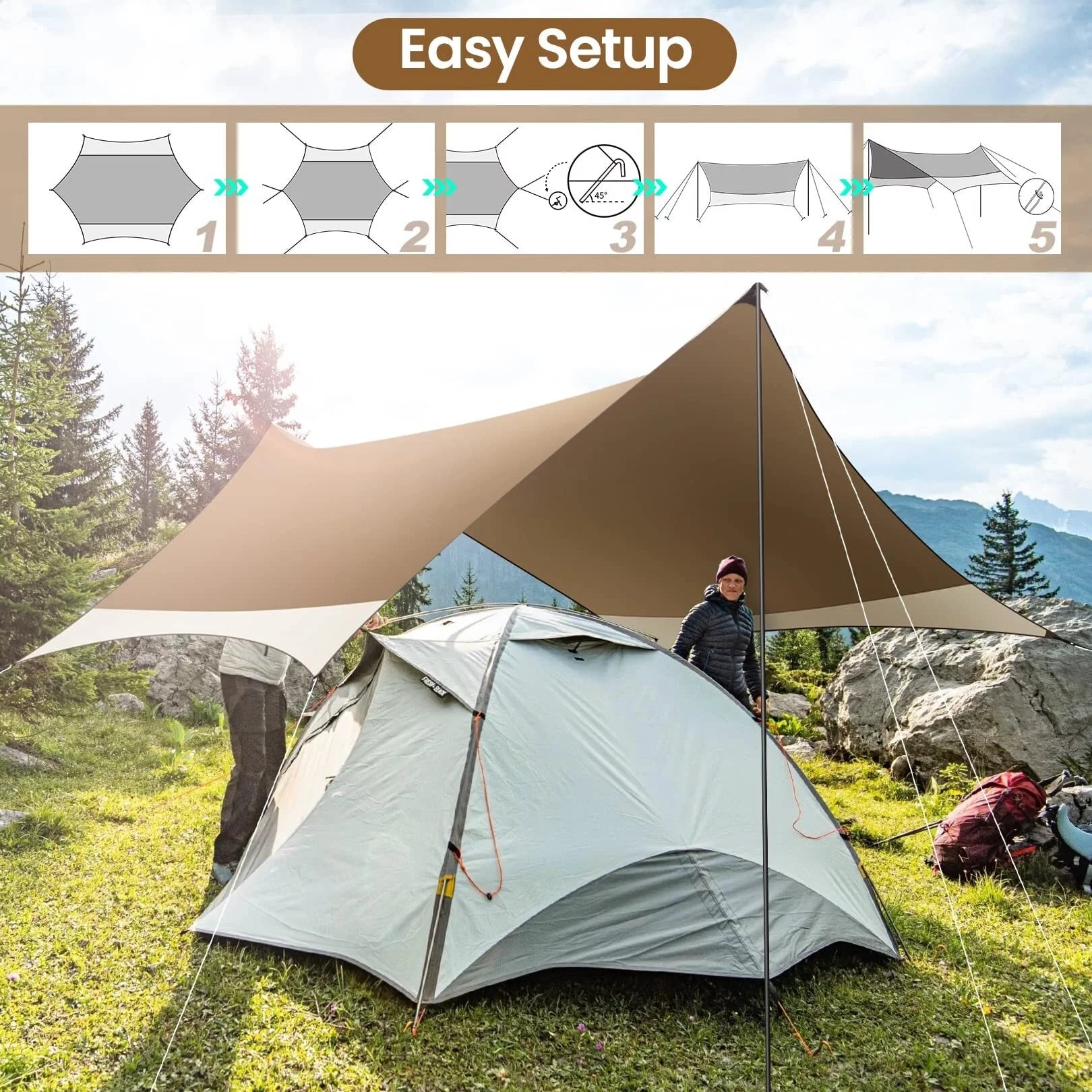 COBIZI 12x14FT Camping Tarp Waterproof Hammock Rain Fly UV UPF50+ Tent Tarp for Under Tent,Outdoor,Traveling, Hilking and Backpacking Trips, Blue & White
