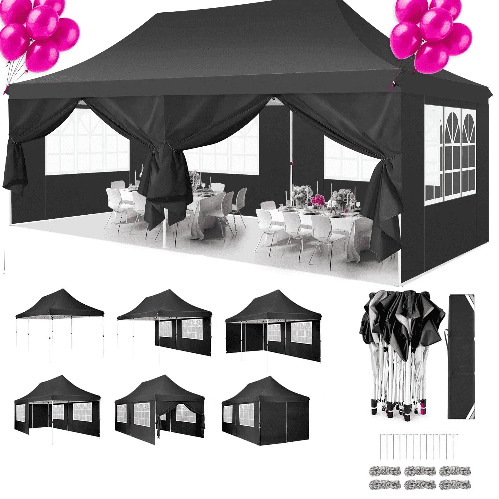 HOTEEL 10'x20' Pop up Canopy Tent with 6 Removable Sidewalls, Instant Outdoor Canopy Shelter with Upgrade Raised Roof and Carry Bag,Black