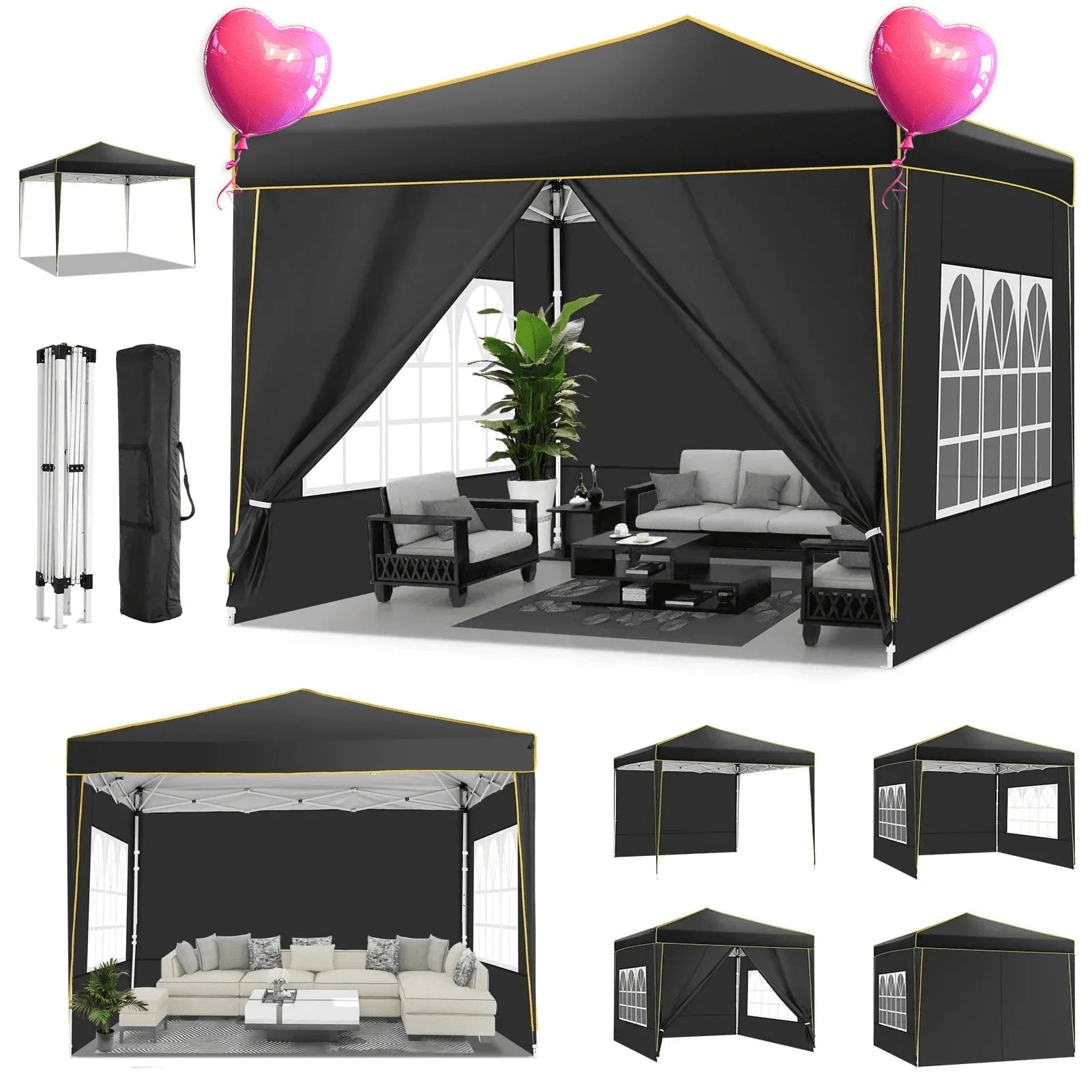 HOTEEL Pop up Canopy Tent 10x10 Commercial Instant Canopy with 4 Sidewalls & Carry Bag,Portable Tent for Parties Beach Camping Party Event Shelter Sun Shade