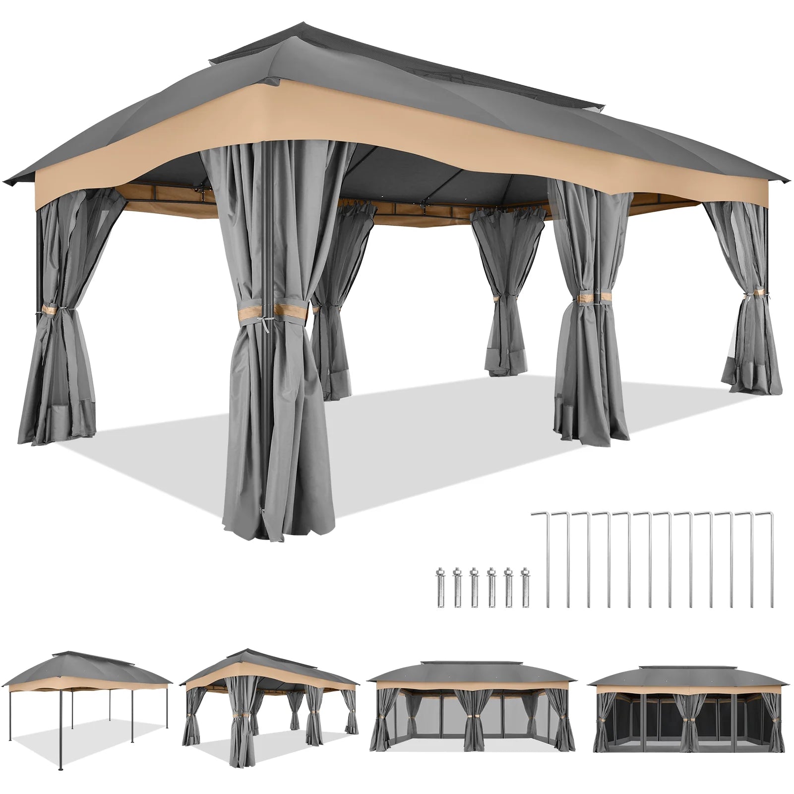 COBIZI Heavy Duty 12'x20' Metal Patio Gazebo Outdoor Gazebo Canopy Tent with 6 Mosquito Netting and Curtains Gazebos Shelter 100% Waterproof with Double Roof for Party, Backyard, Deck, Garden, Gray