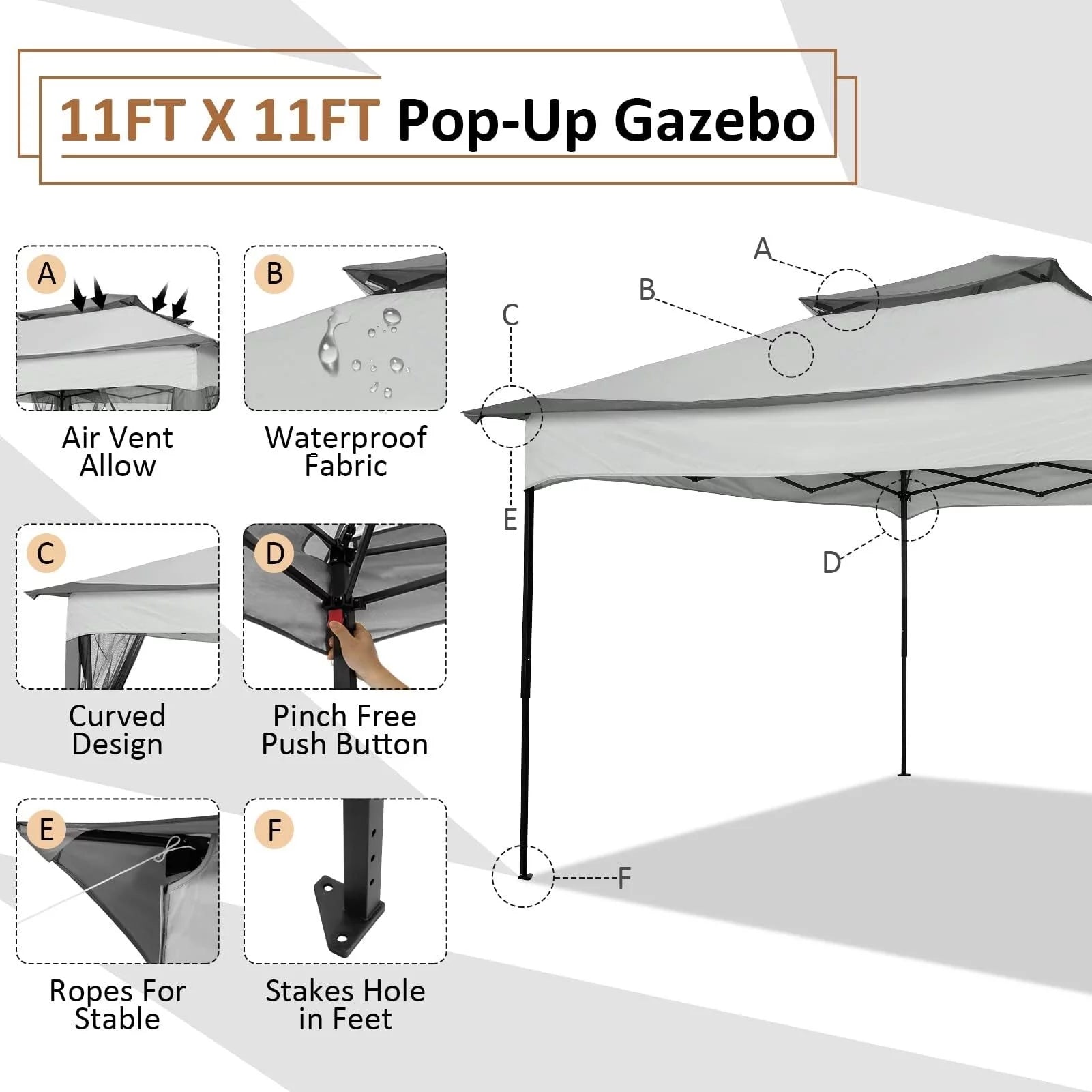 COBIZI Gazebo Canopy Tent, Pop Up Canopy 11x11 Tents for Parties, Outdoor Gazebo with Mosquito Netting and Vented Roof, Screen House for Garden Patio Backyard, Khaki