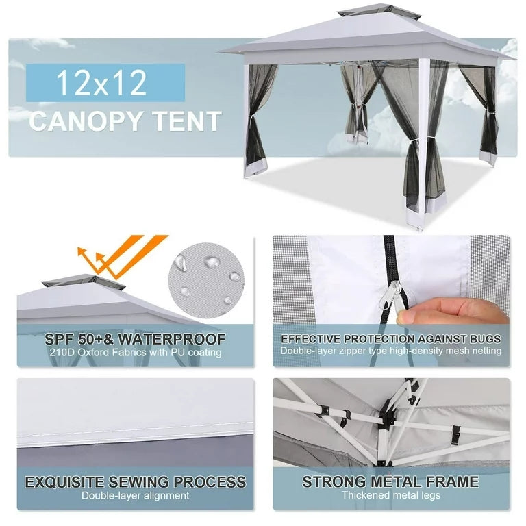 COBIZI 12'x12' Pop Up Gazebo Canopy with Mosquito Netting 3 Adjustable Height AMA005920
