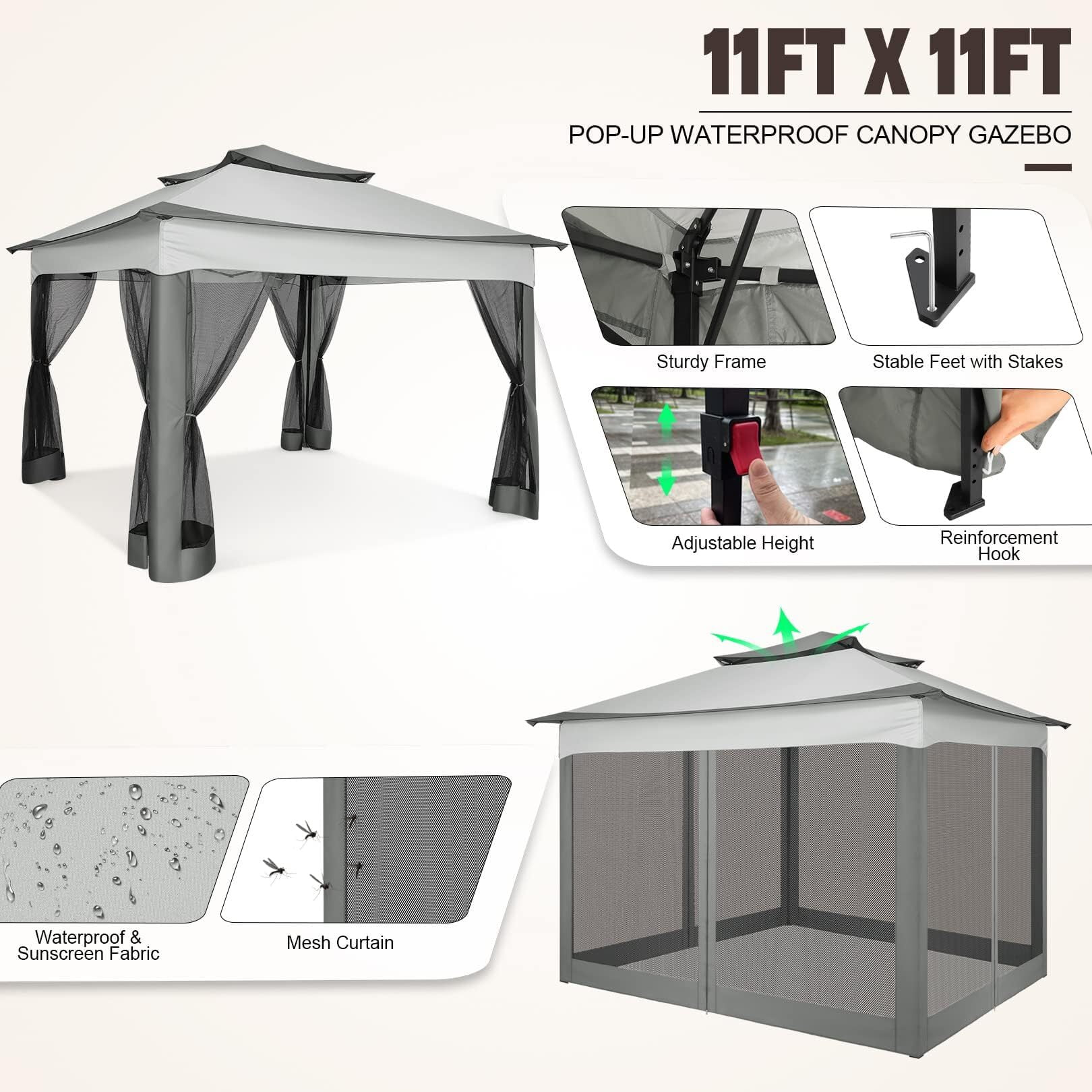COBIZI Outdoor Canopy Gazebo 11x11 Pop Up Gazebo Patio Gazebo with Mosquito Netting Outdoor Canopy Shelter with 121 Square Feet of Shade for Outdoor Lawn, Garden, Backyard and Deck, Gray