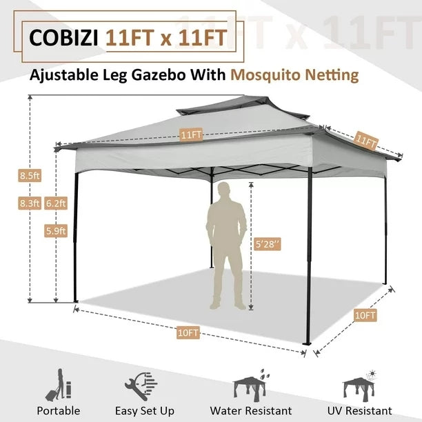 COBIZI Gazebo Canopy Tent, Pop Up Canopy 11x11 Tents for Parties, Outdoor Gazebo with Mosquito Netting and Vented Roof, Screen House for Garden Patio Backyard, Khaki