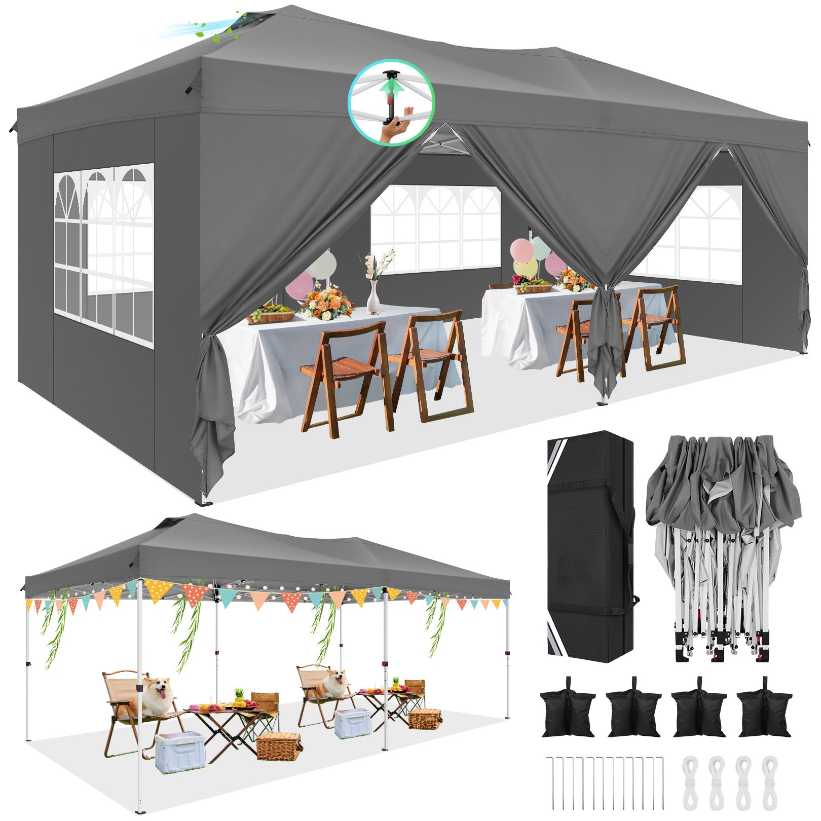 COBIZI 10'x20' pop-up patio umbrella with side walls, waterproof canopy tent with reinforced poles, easy to set up, includes sandbags SPC000241